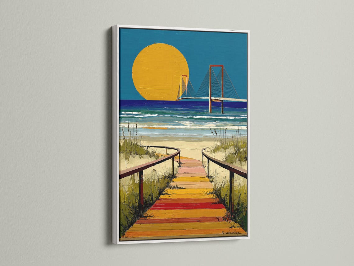 Portrait coastal artwork with golden sun, blue ocean, and a bridge over waves detail view