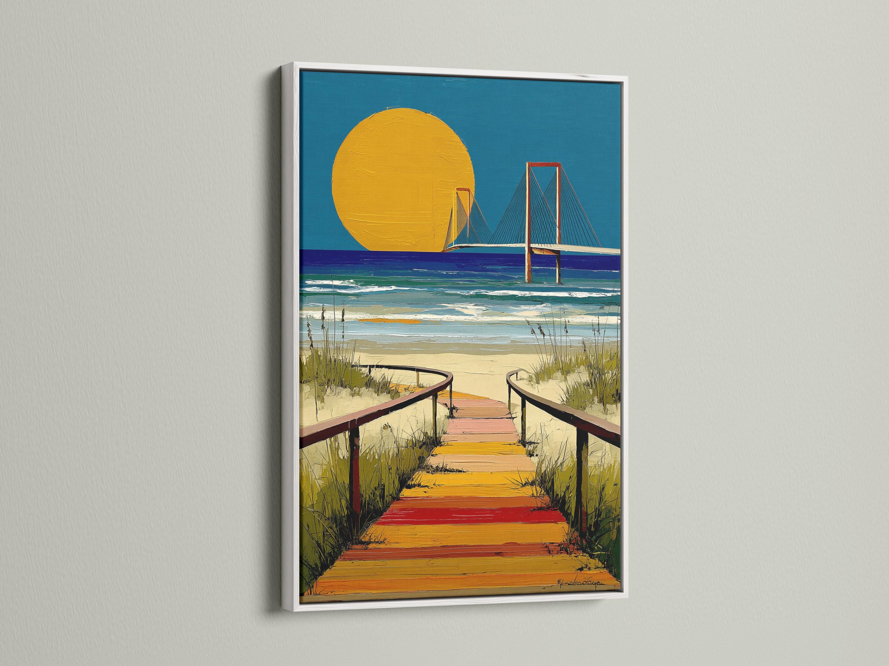 Portrait coastal artwork with golden sun, blue ocean, and a bridge over waves detail view