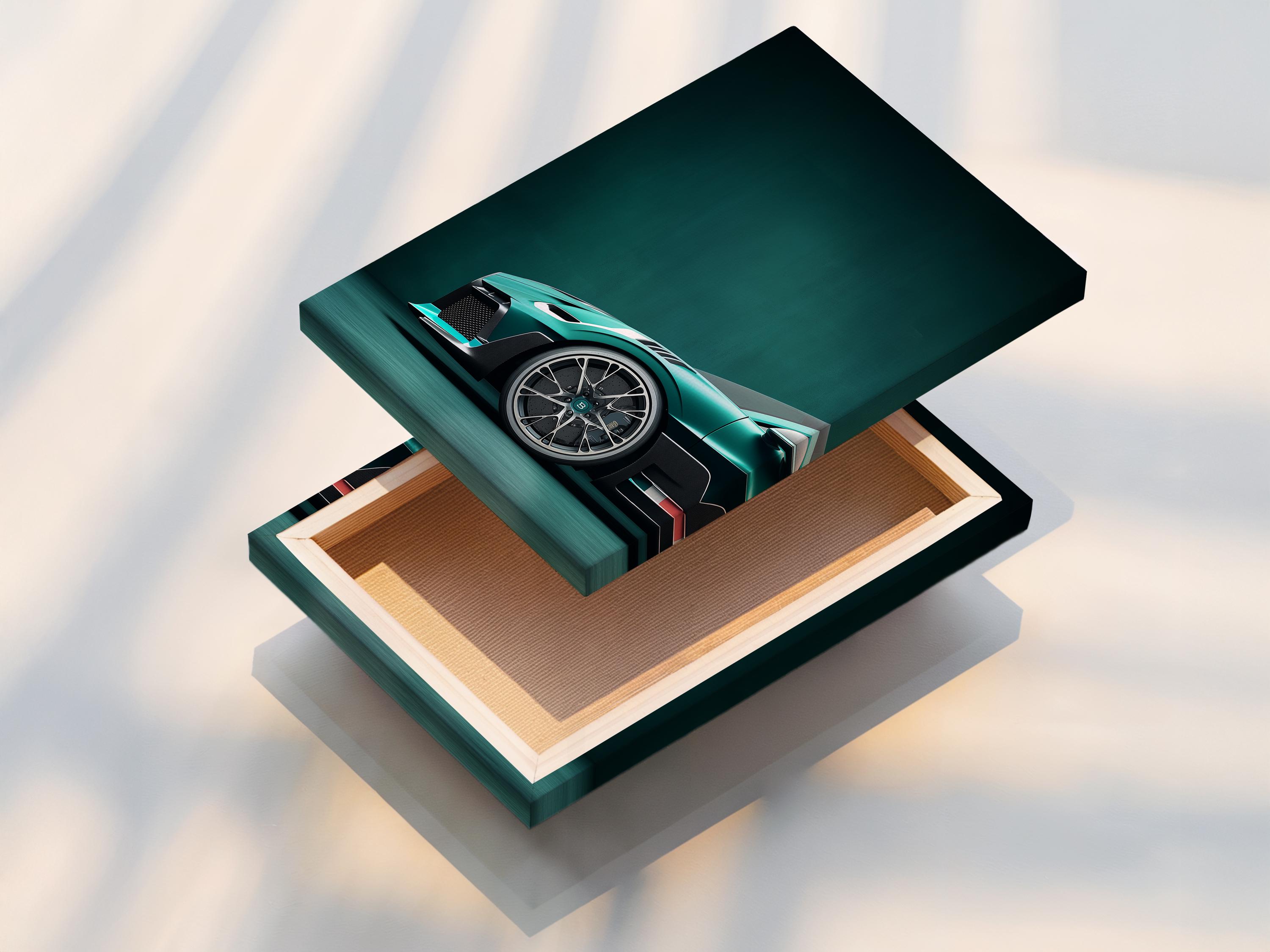 Wall mockup showing a framed teal sports car artwork with smaller preview thumbnails