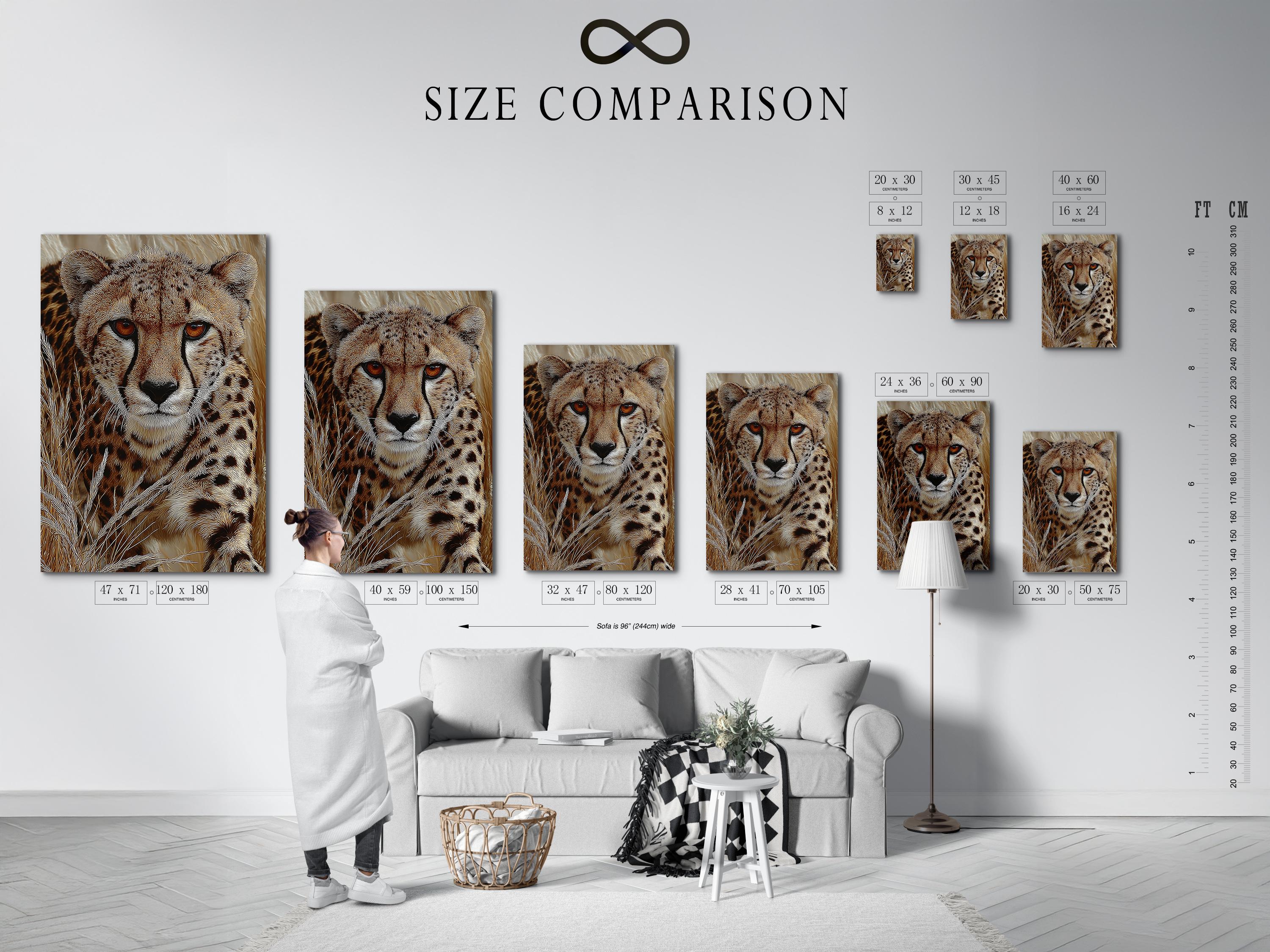 Textured cheetah portrait with amber eyes in warm brown and beige tones detail view