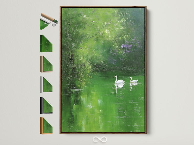 Green landscape artwork with two white swans floating on dark green water