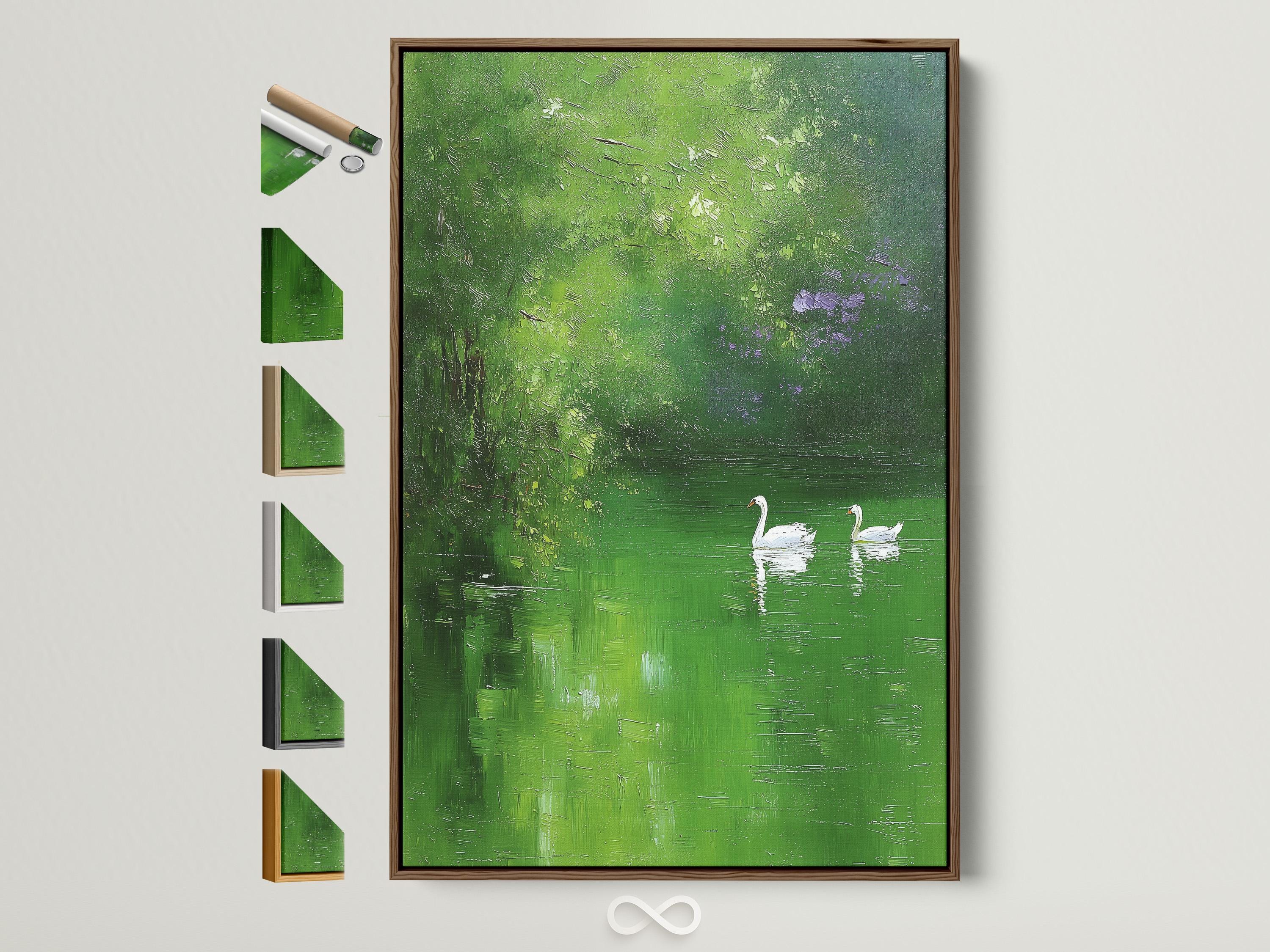 Green landscape artwork with two white swans floating on dark green water