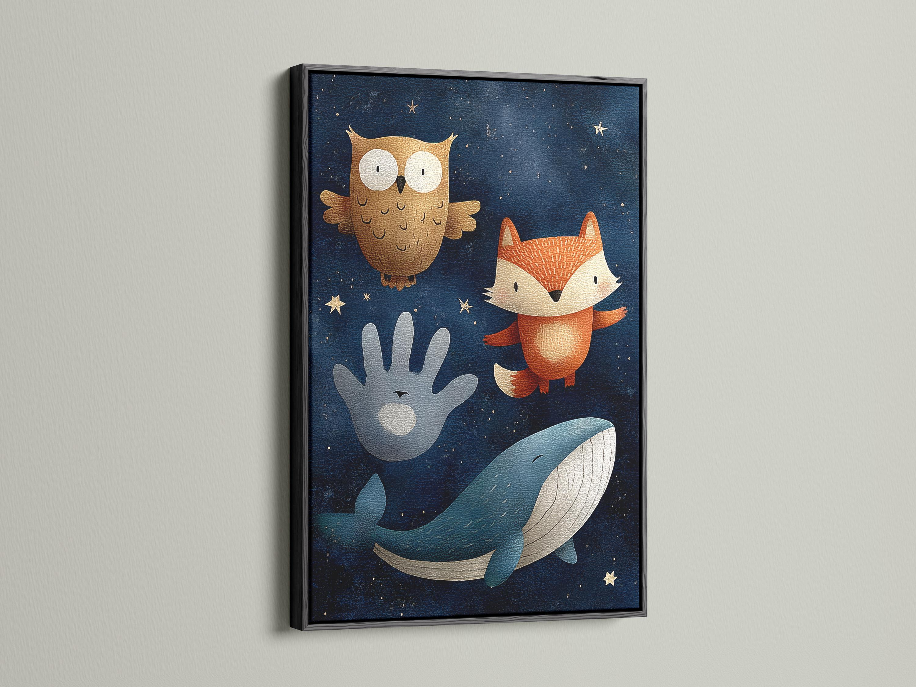 Illustrated whale, fox and owl in a navy starry-night scene with stars detail view