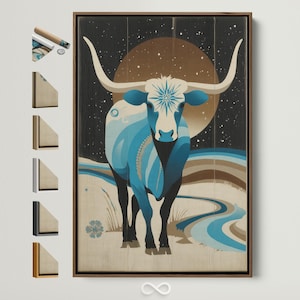 May include: A framed art print featuring a stylized bull with long horns. The bull is depicted in shades of blue and white against a backdrop of a night sky with a brown sun. The artwork has a rustic, vintage aesthetic.