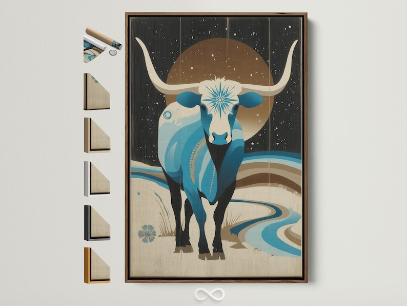 Stylised turquoise bull under a large moon with scattered stars and wave-like bands