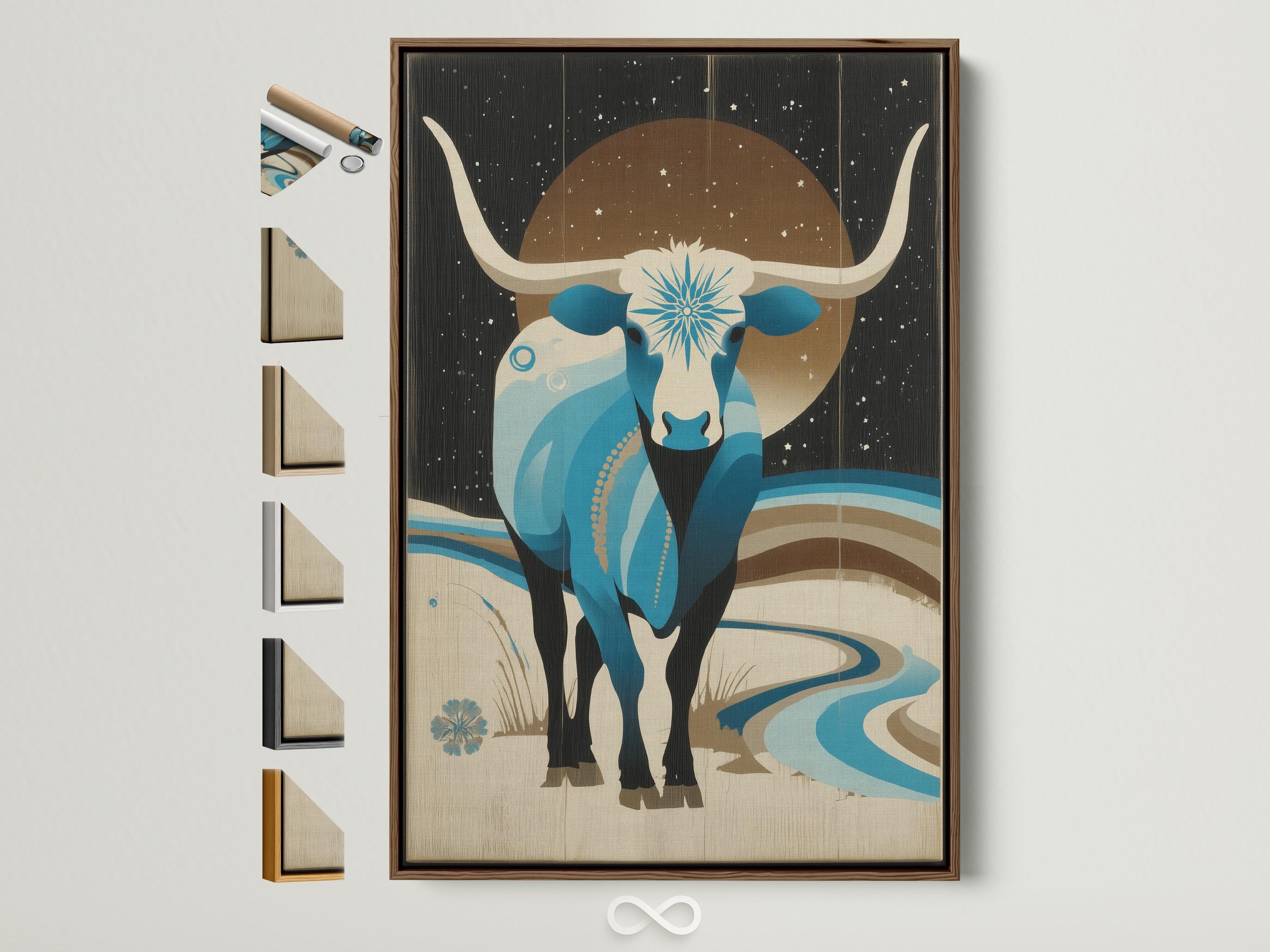 Stylised turquoise bull under a large moon with scattered stars and wave-like bands