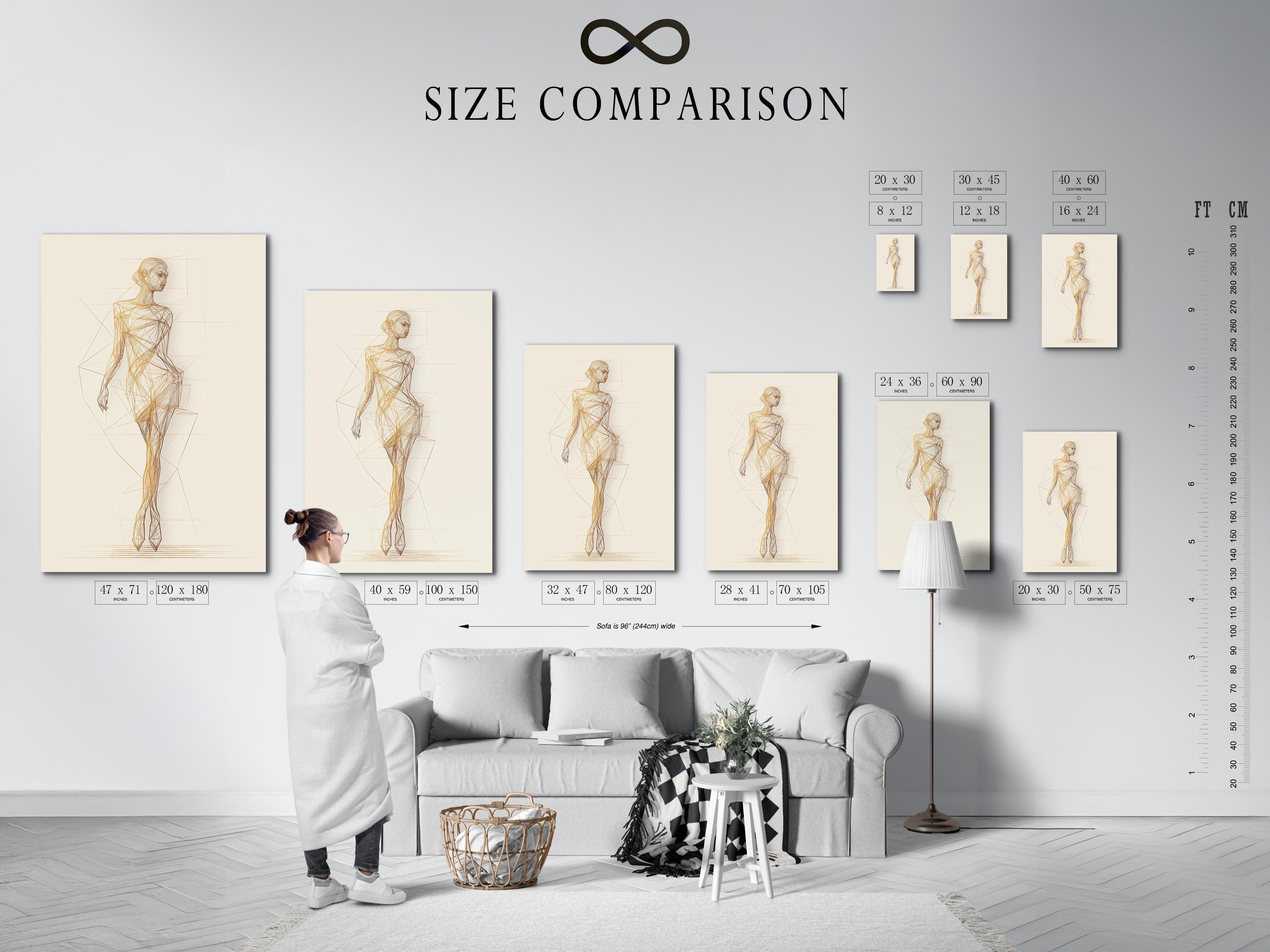 Minimalist gold line drawing of a standing woman with faint geometric grid lines detail view