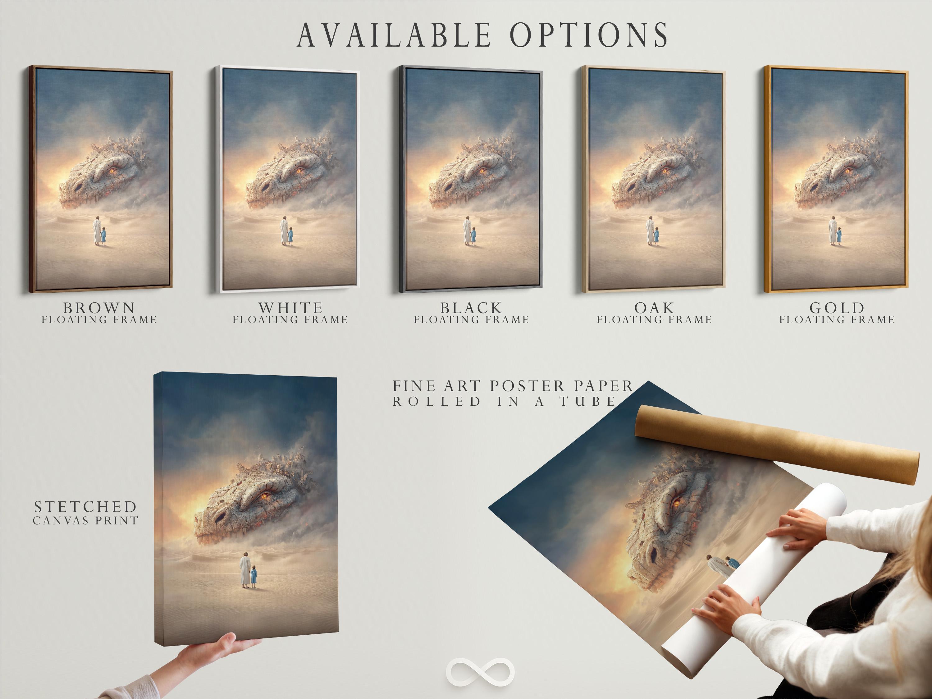 Room mockup showing framed fantasy dragon desert artwork