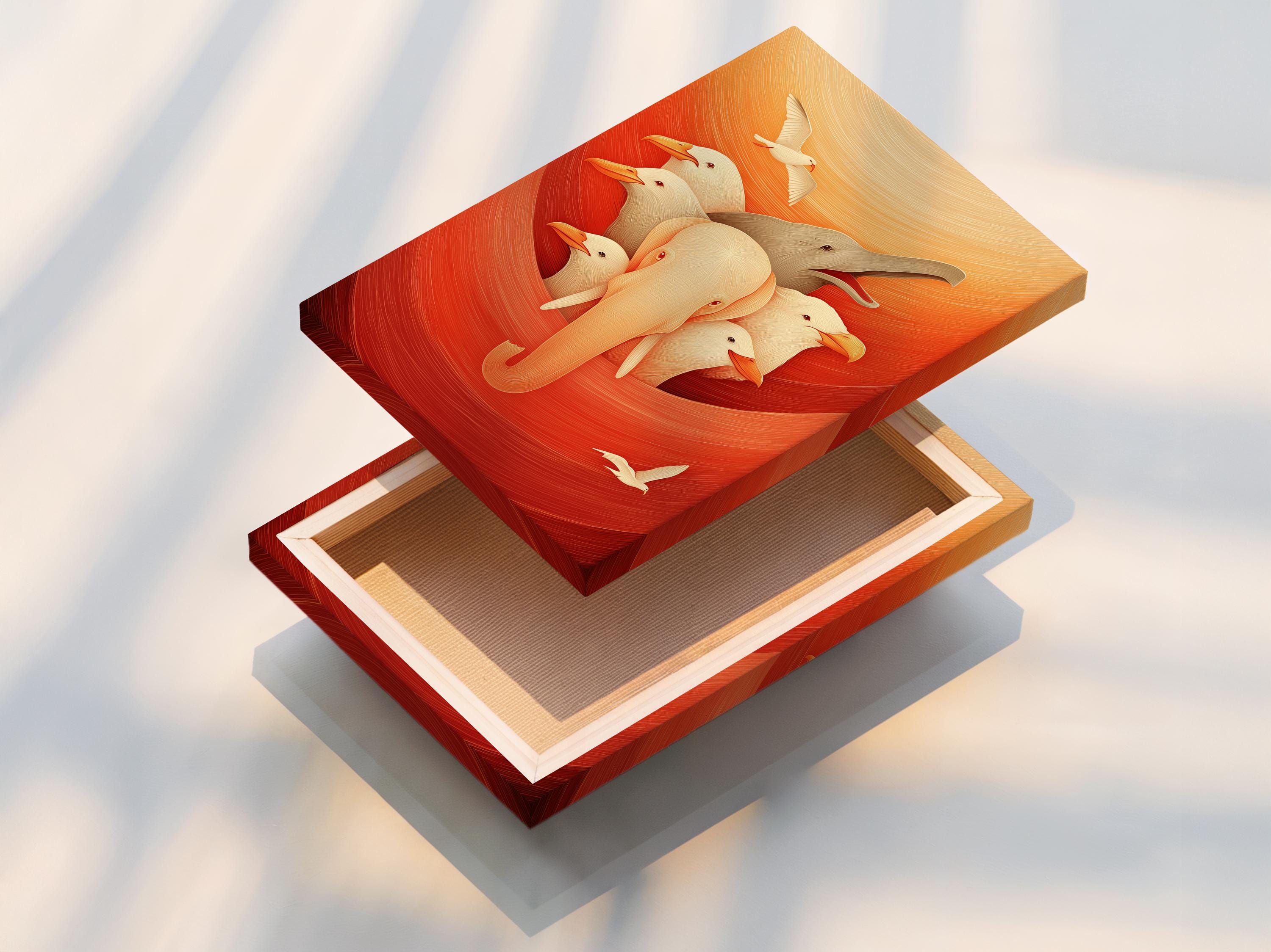 Elephant and bird wall art in a framed artwork mockup on a light background
