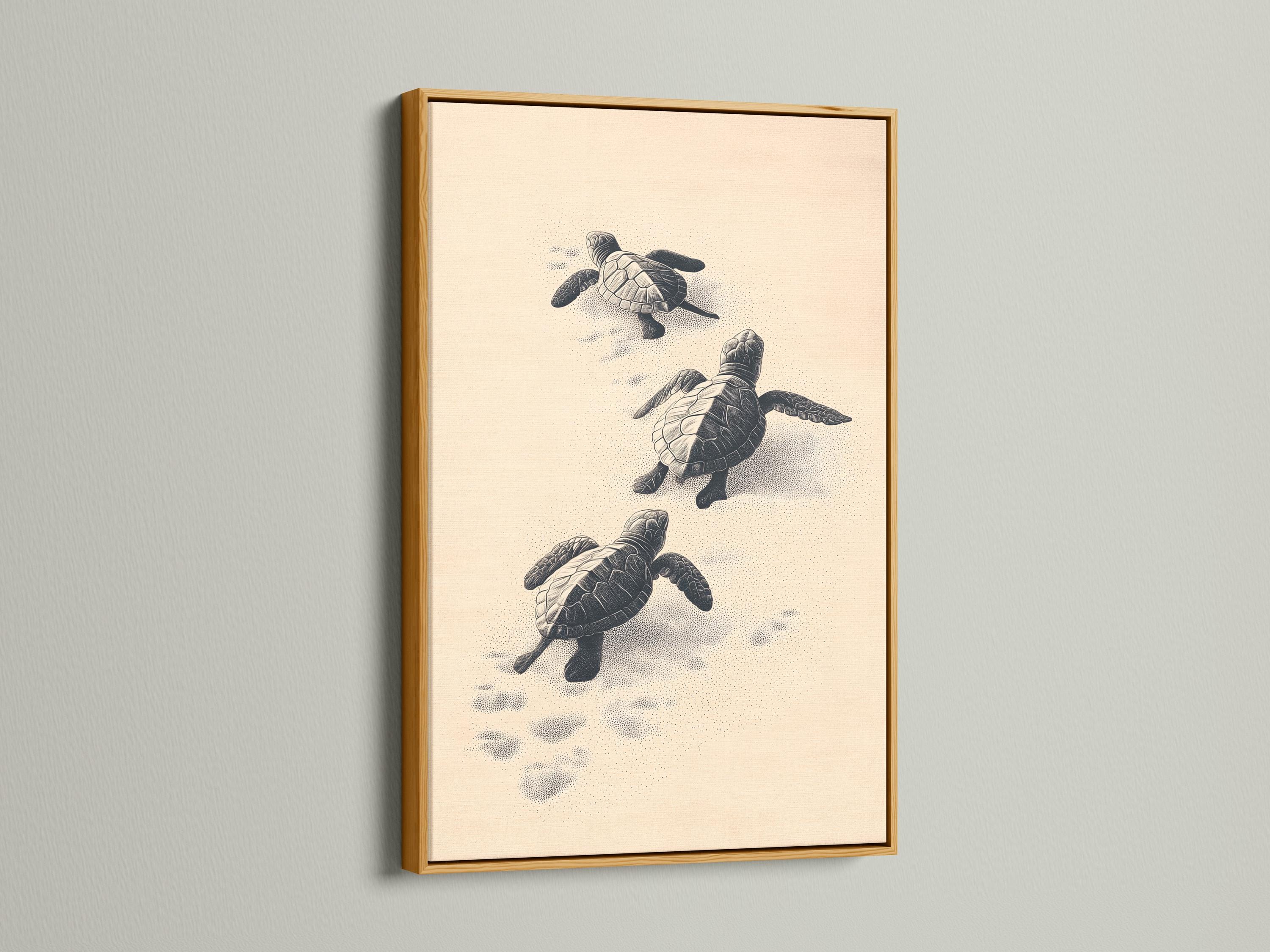 Illustrated sea turtles in charcoal tones on a warm beige background with dotted sand texture detail view