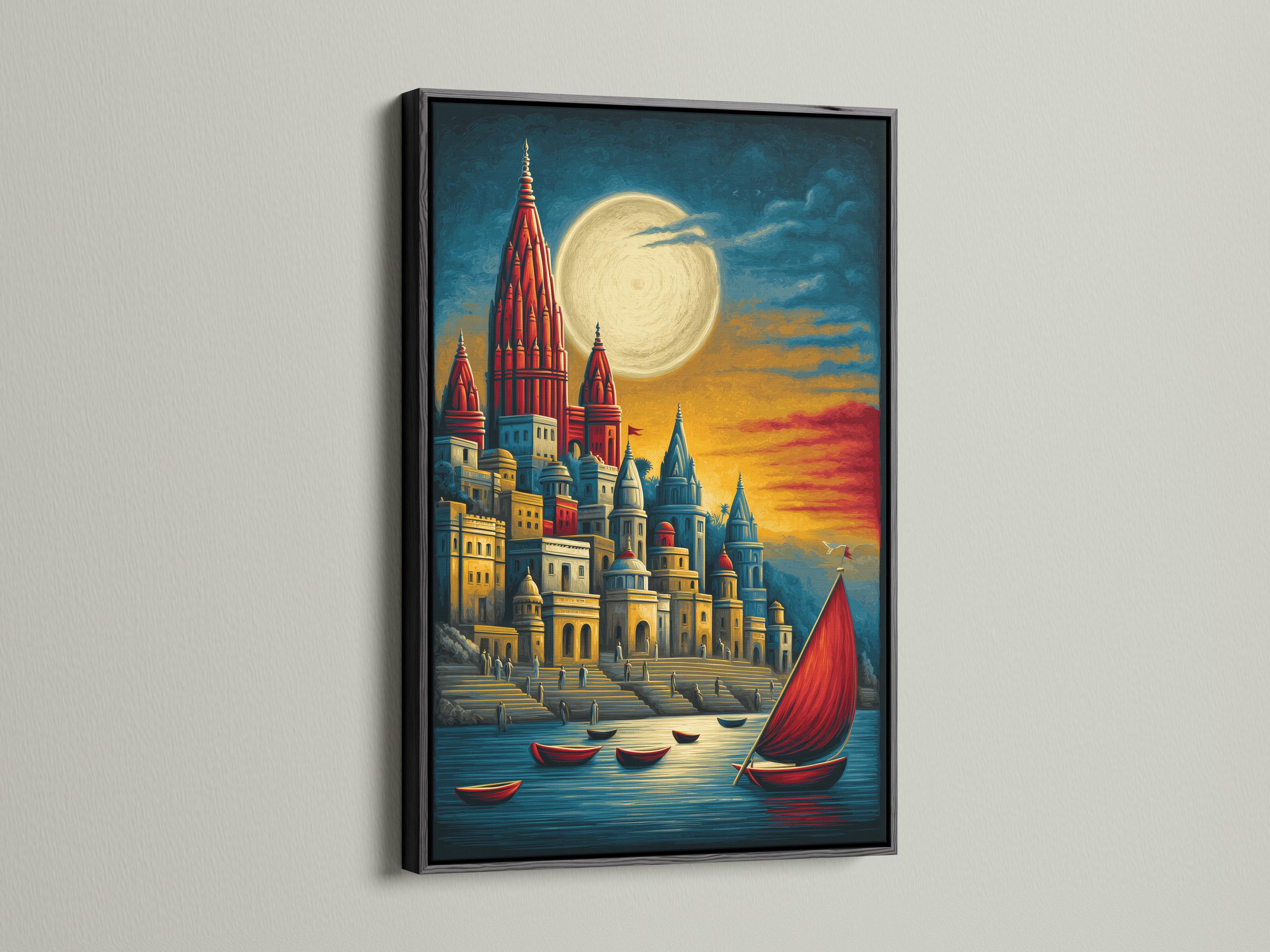 Moonlit harbour cityscape with red spires, boats, and a large pale moon over reflective water detail view