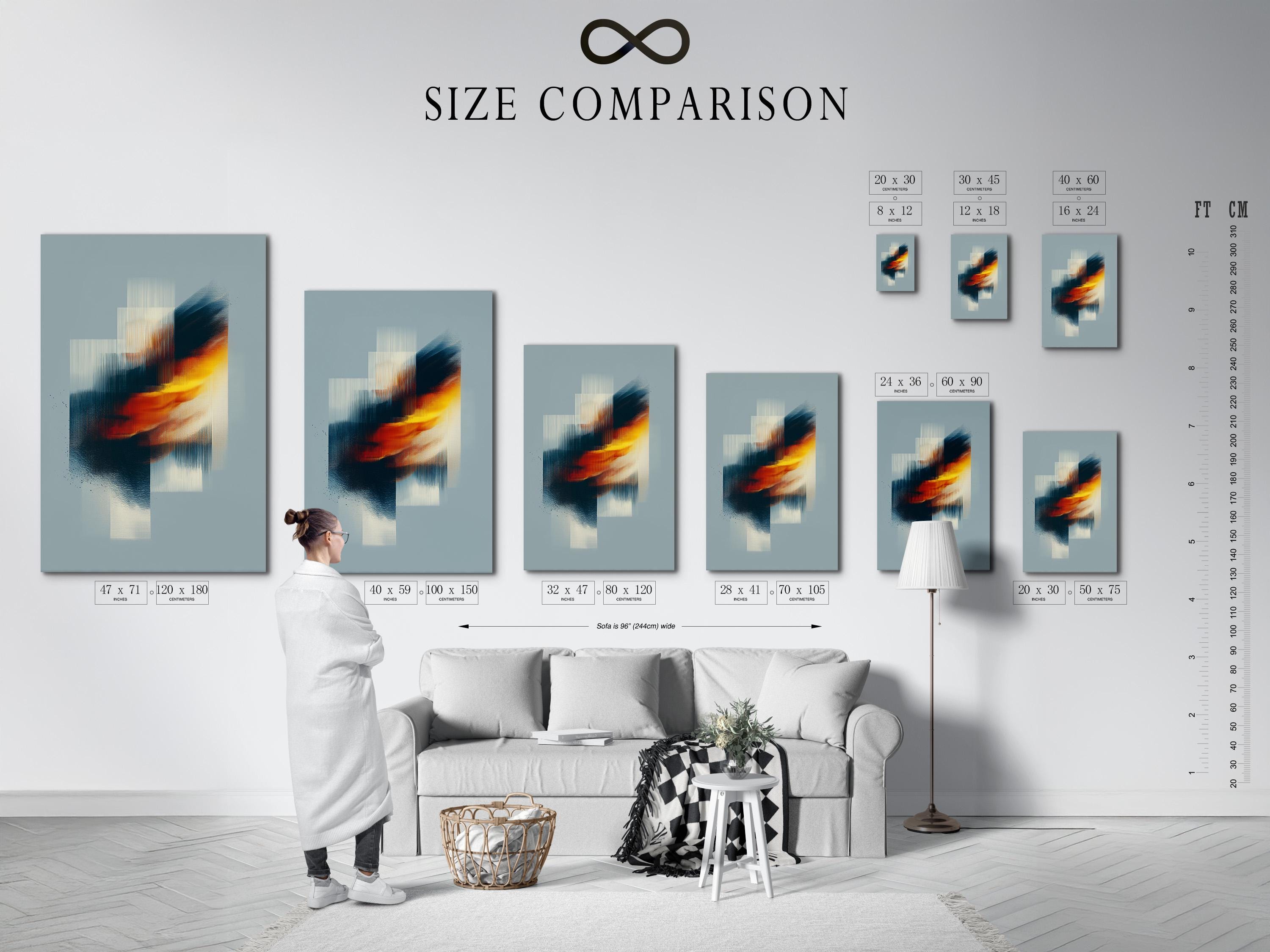 Abstract geometric wall art with layered blue rectangles and warm gold diagonal accents detail view