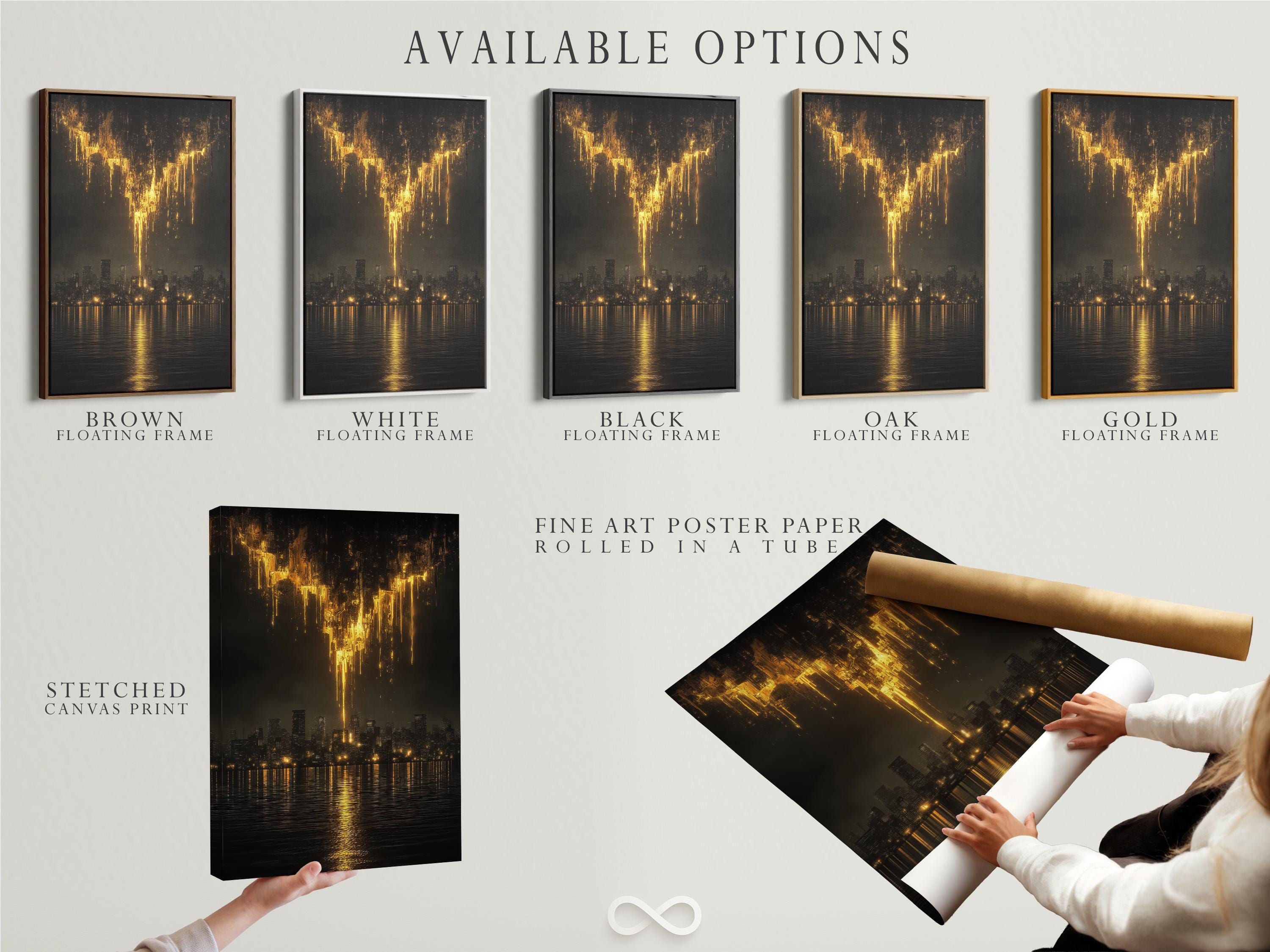 Abstract black and gold night cityscape with golden light streaks and water reflections detail view