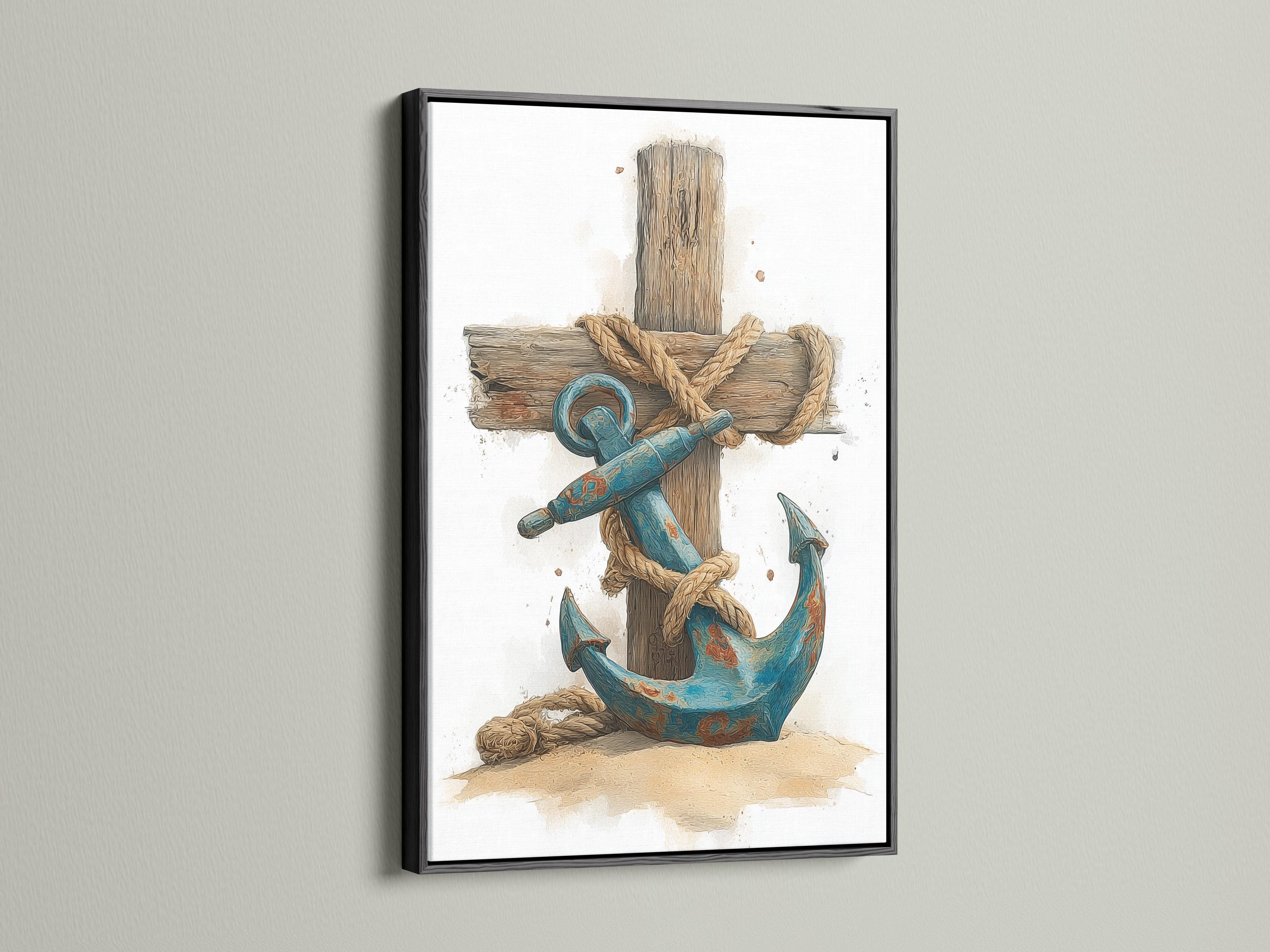 A distressed nautical illustration shows a large rope-wrapped wooden cross/anchor shape with a coiled blue rope motif and seabed tones against a pale