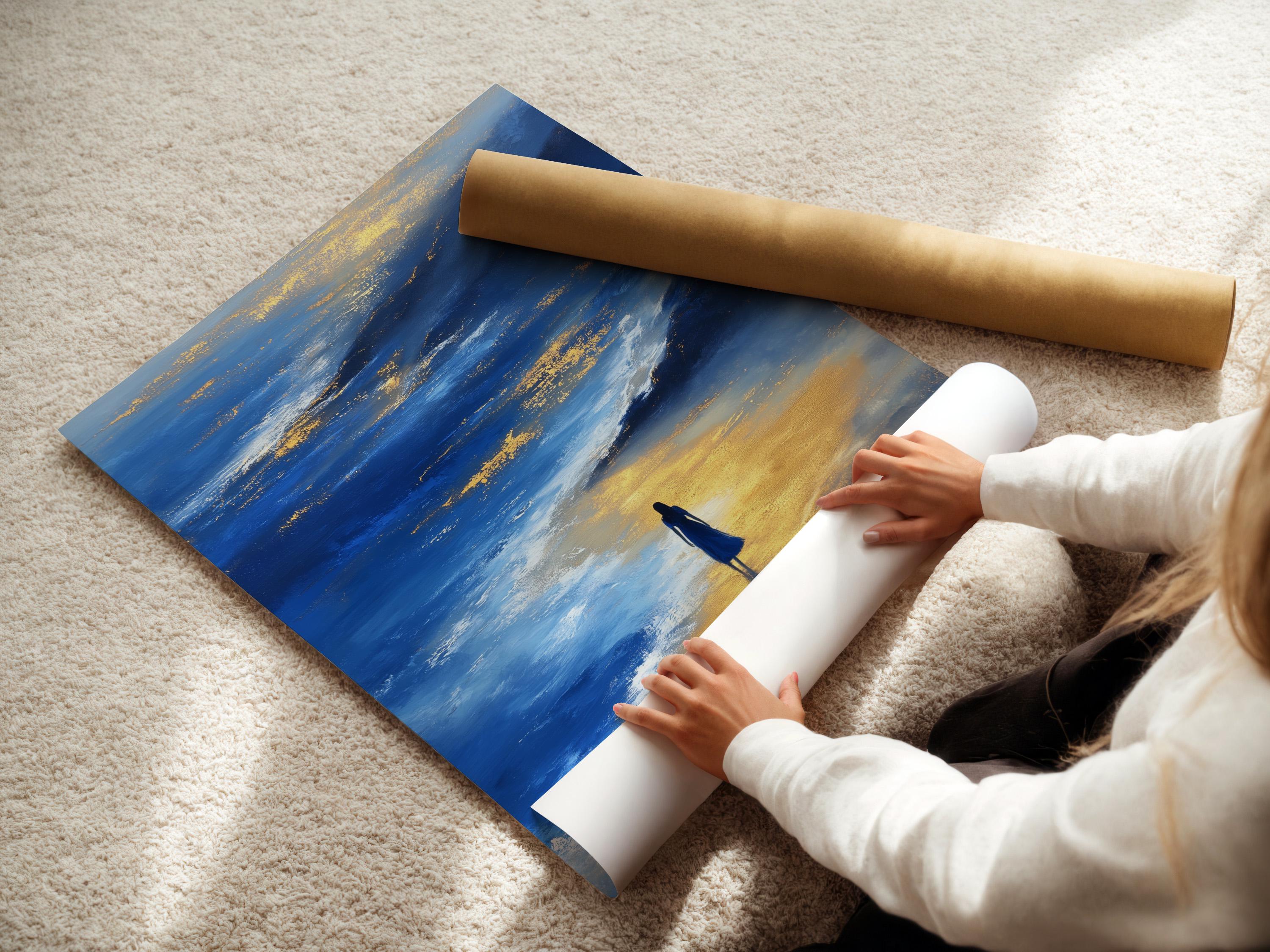 Blue and gold seascape artwork with layered ocean waves, a solitary figure, and a reflection detail view