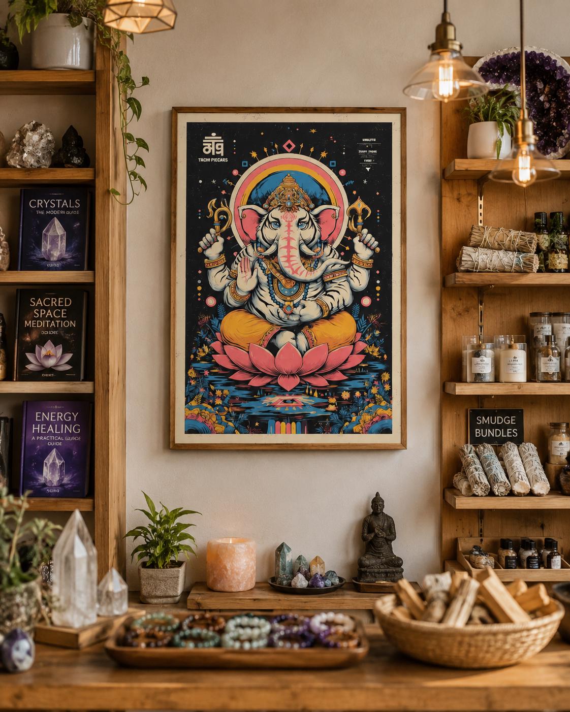 Colourful elephant-headed deity seated above a pink lotus on a dark starry background detail view