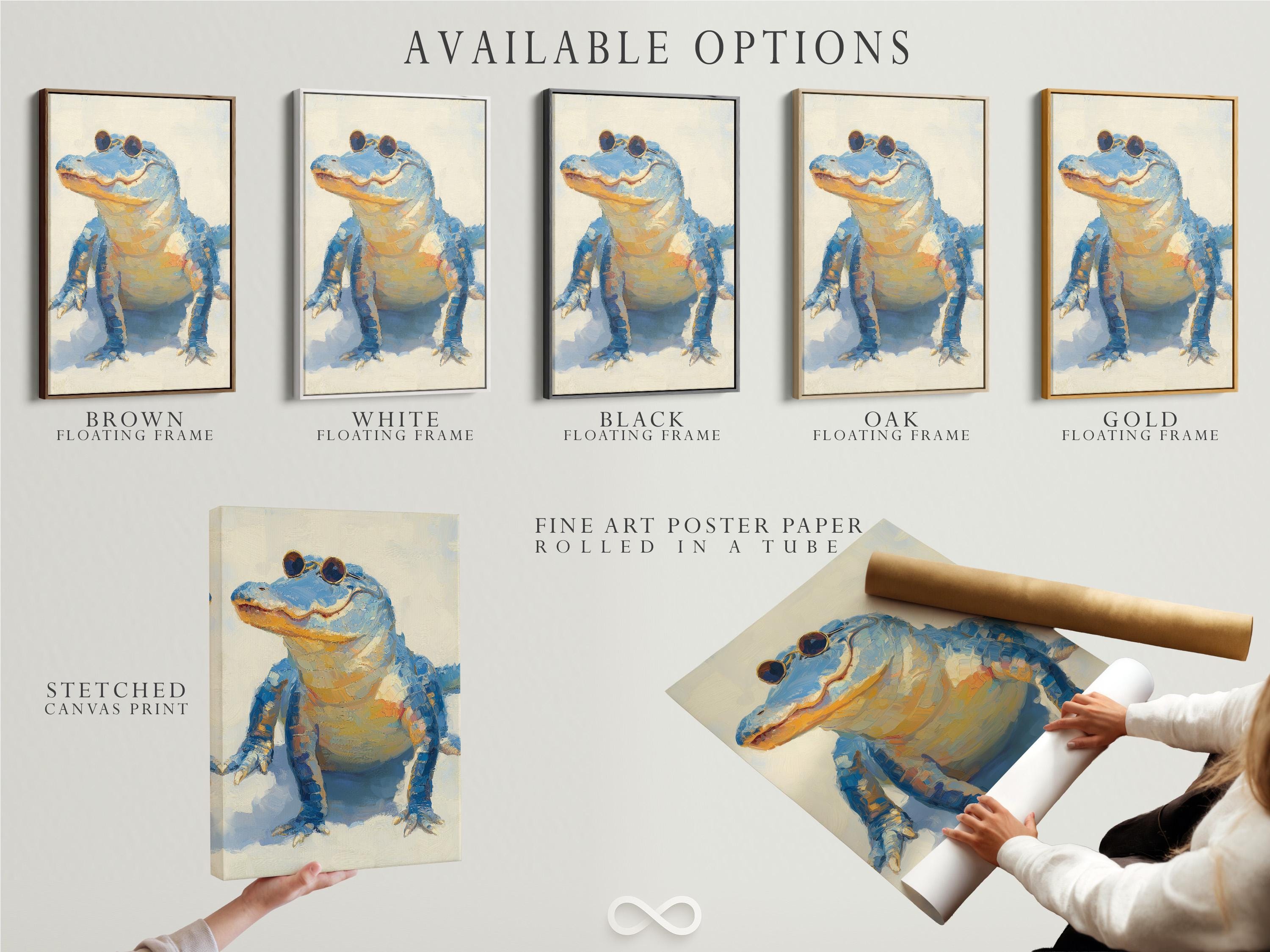 A stylised blue alligator figure wearing round sunglasses on a pale background detail view