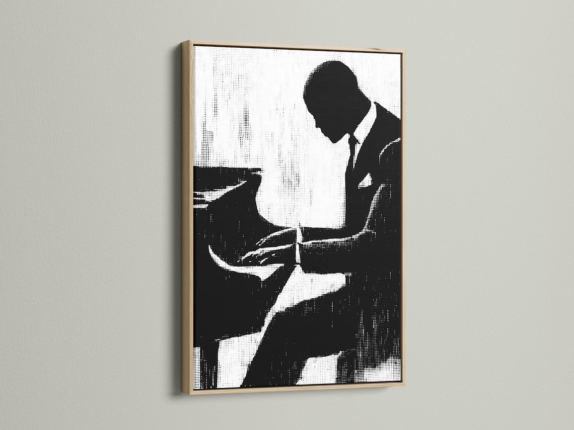 Black-and-white musician silhouette framed artwork on a wall mockup
