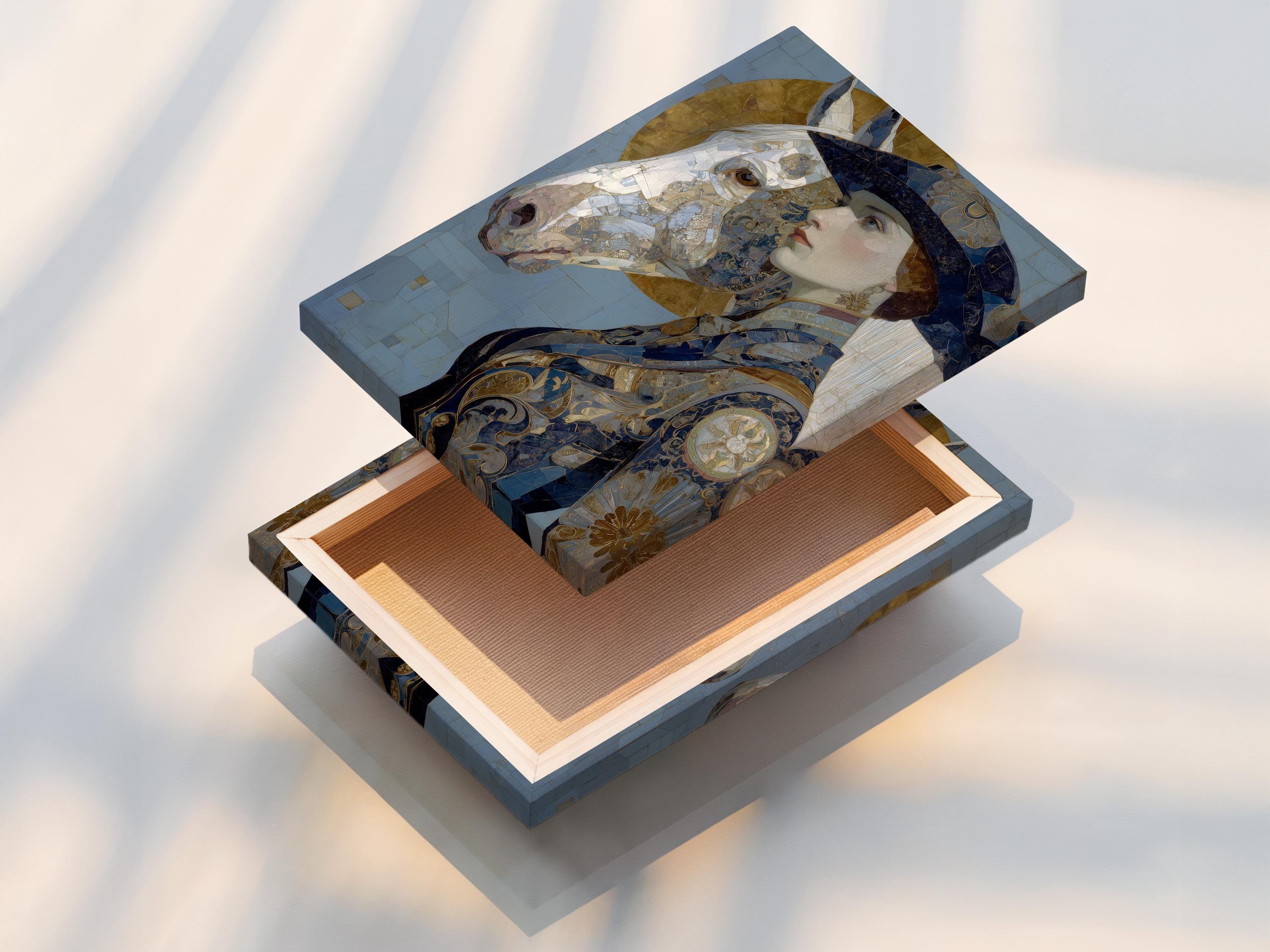 Ornamental blue and gold portrait showing a woman in profile with a horse head beside her detail view