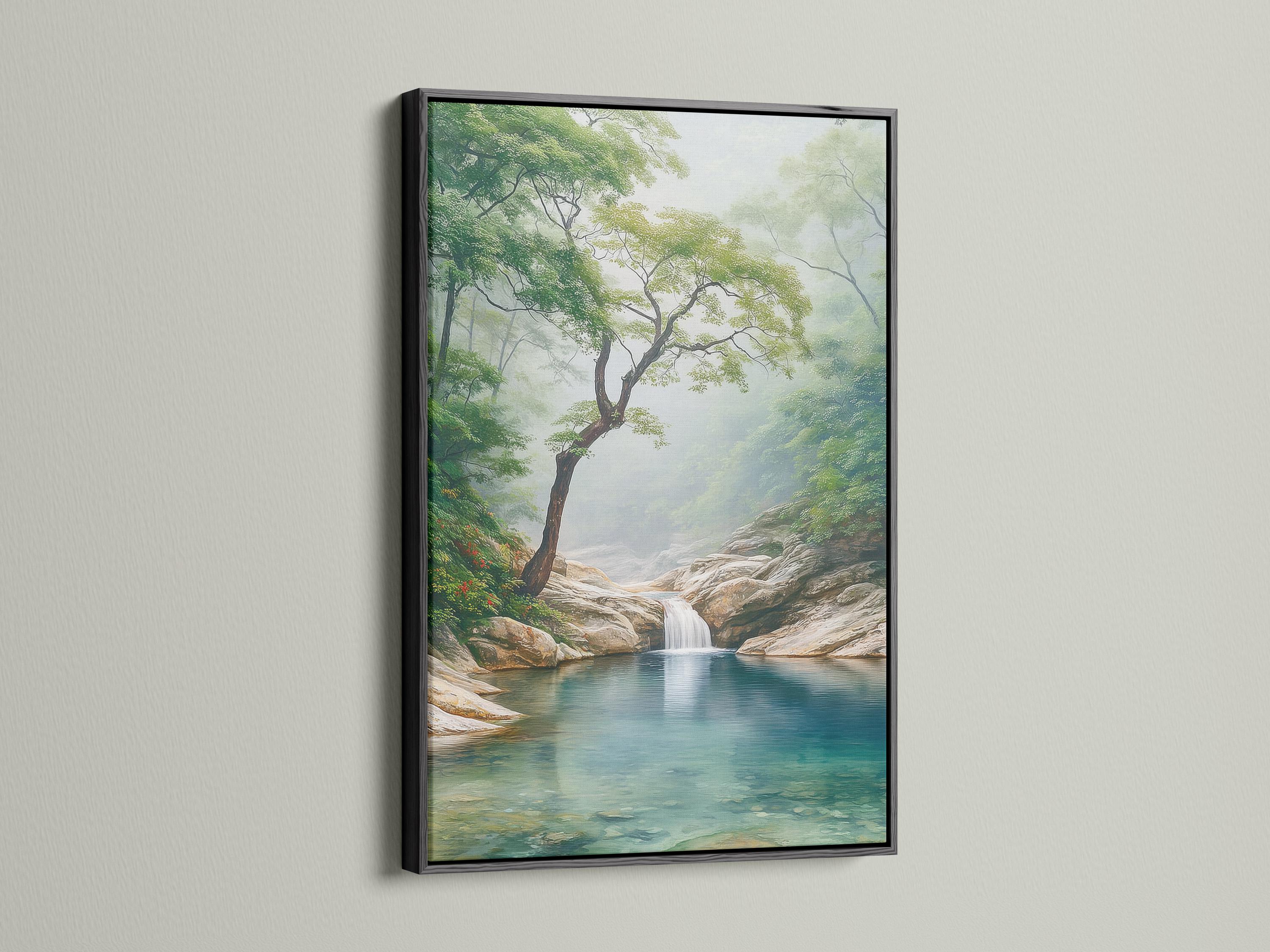 Misty forest waterfall scene with a leaning tree and a calm blue-green pool detail view