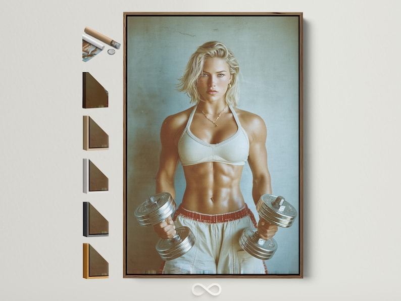 Teal-toned fitness portrait of a woman holding dumbbells, with a textured background