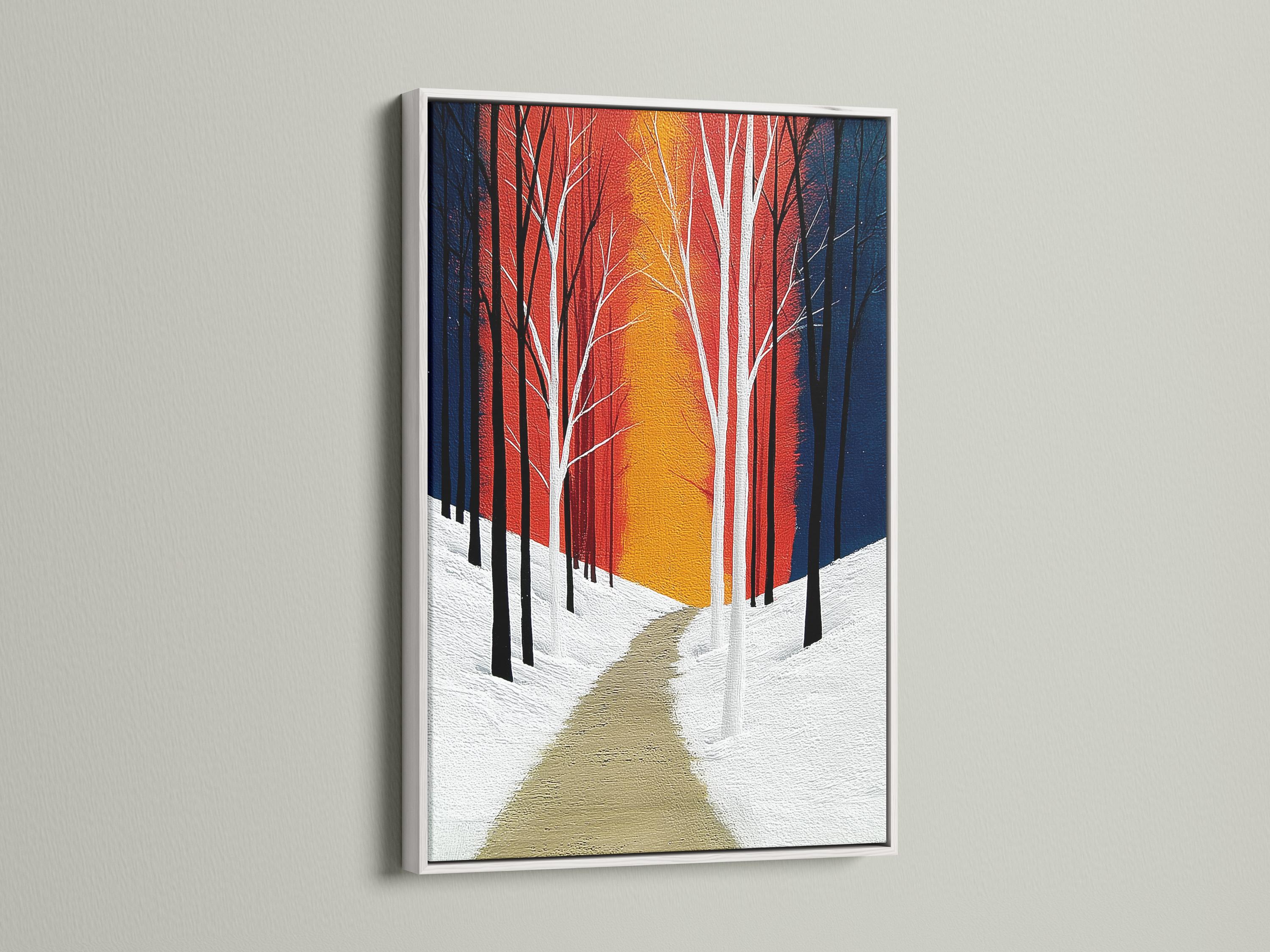 Winter forest artwork with tall leafless trees, a snowy path, and red blue gold sunset colours detail view
