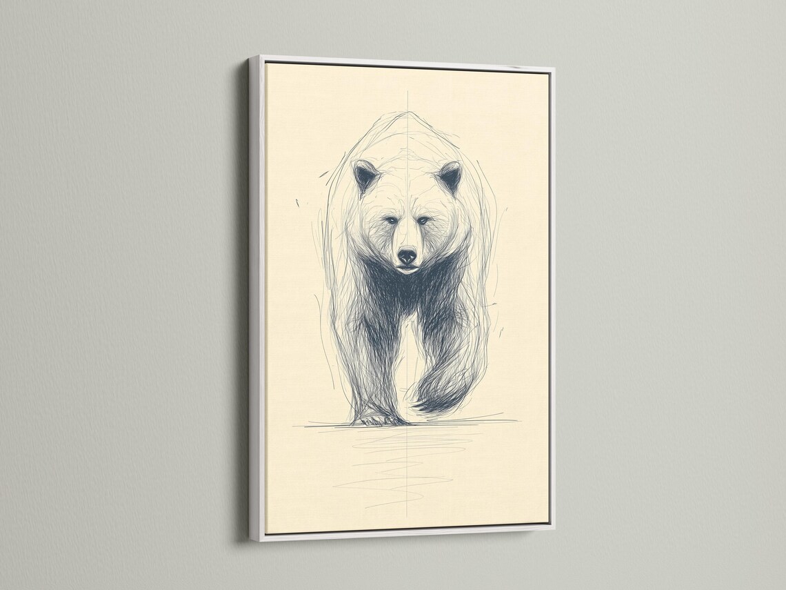 Minimalist sketch of a bear face and upper body with blue-grey lines on a cream background detail view