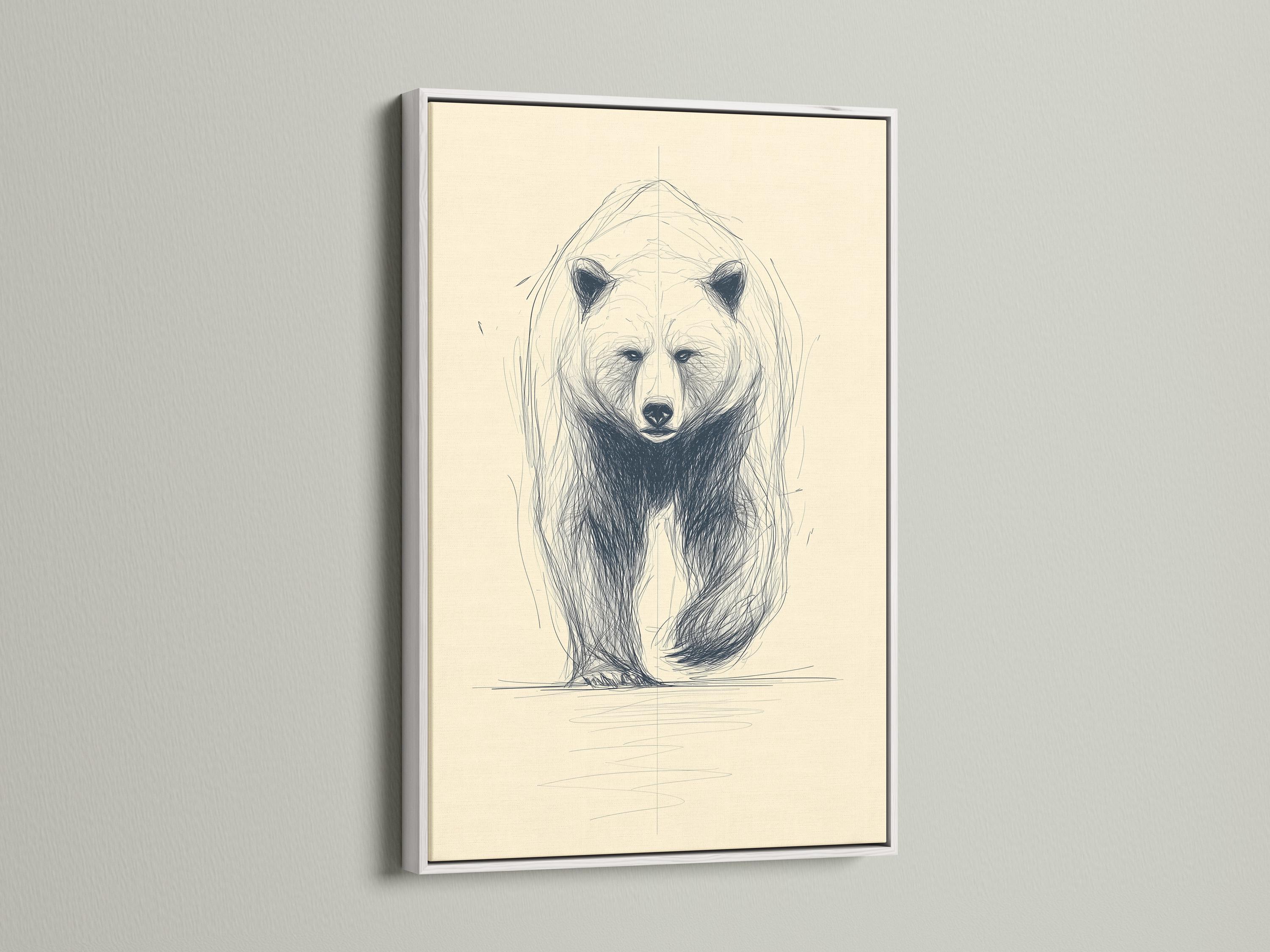 Minimalist sketch of a bear face and upper body with blue-grey lines on a cream background detail view