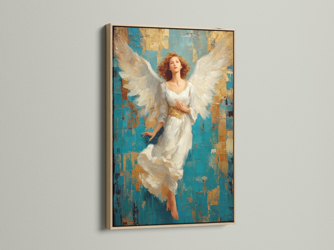 Winged angel portrait with flowing white robes against a teal and gold textured background detail view