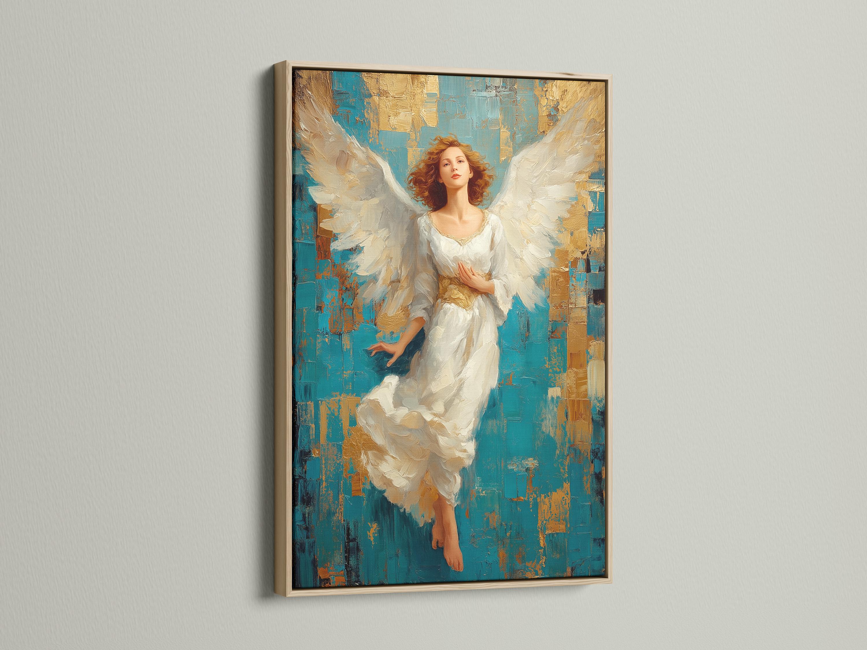 Winged angel portrait with flowing white robes against a teal and gold textured background detail view