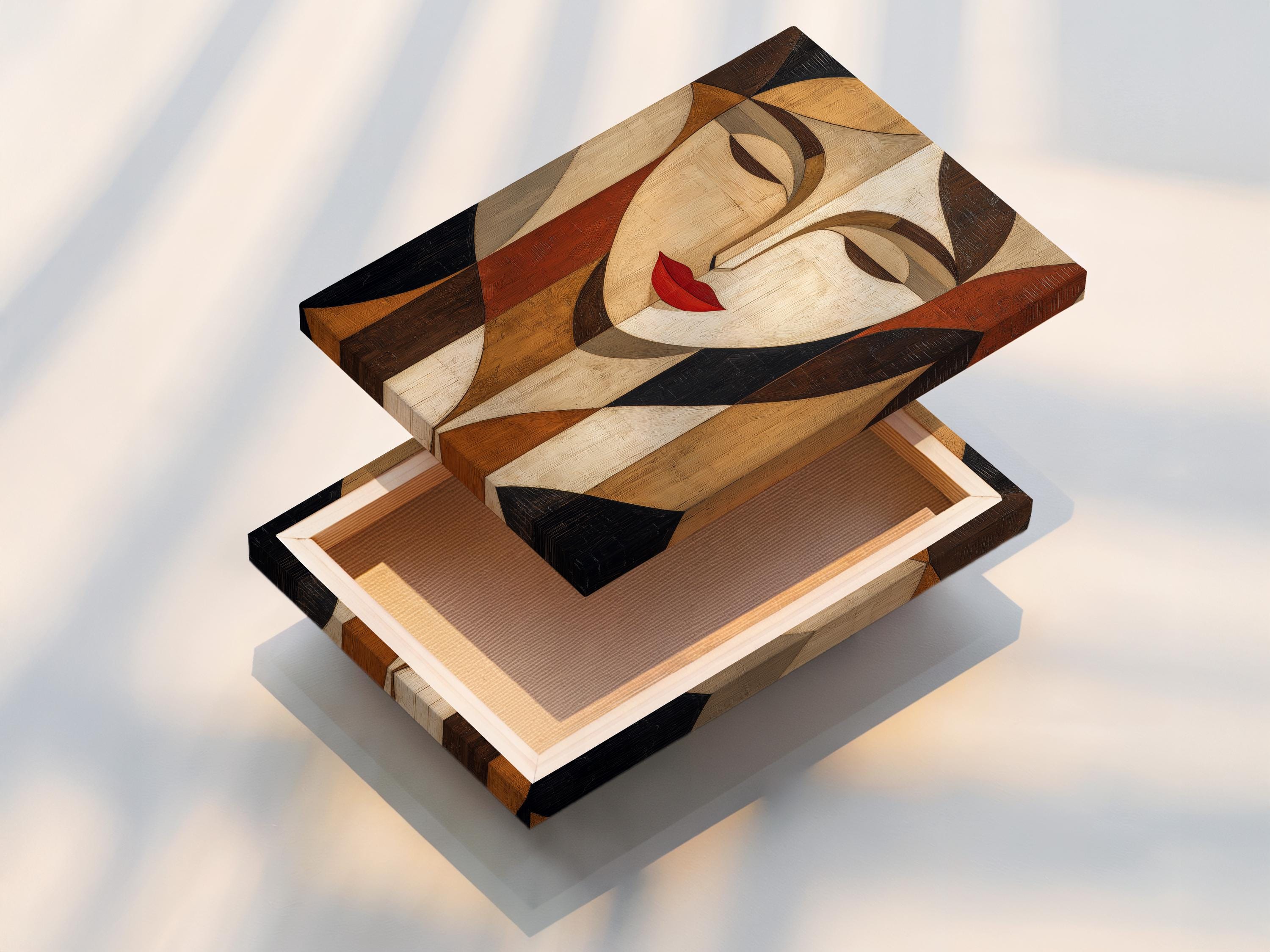 Room mockup showing abstract geometric woman portrait artwork