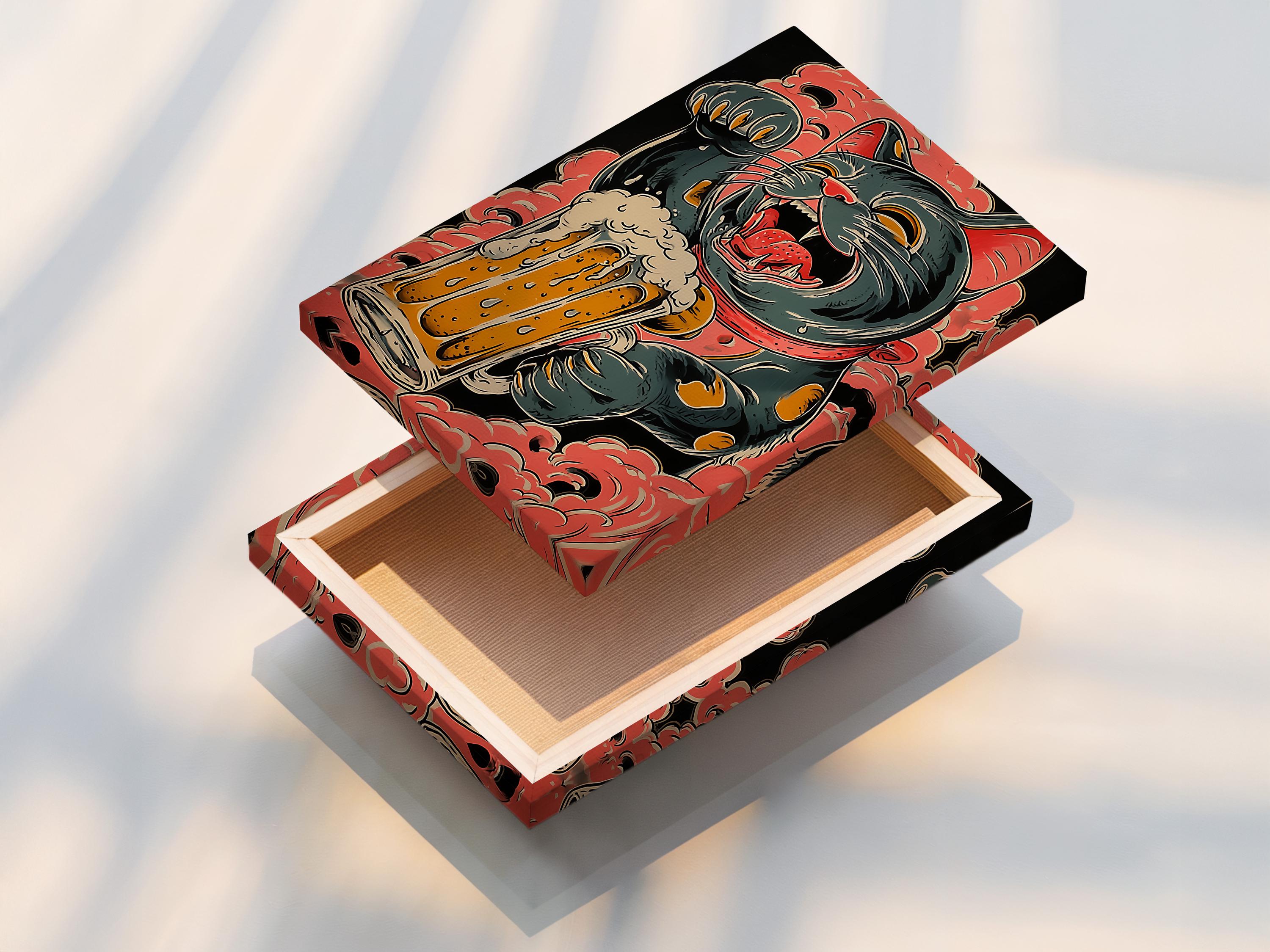 Stylised retro cat illustration with red cloud shapes and orange foamy splash details detail view