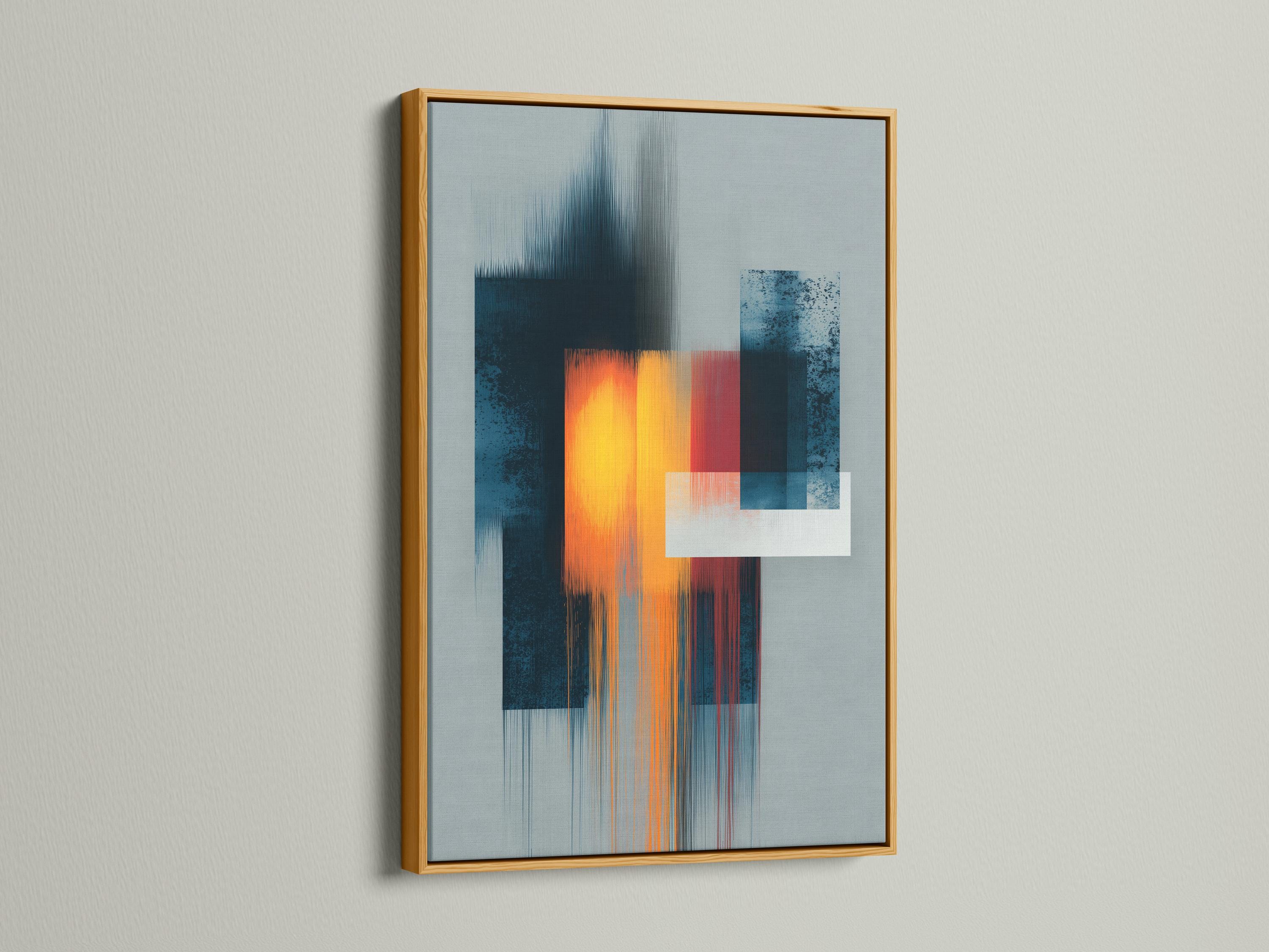 Geometric abstract artwork with teal and grey blocks and a glowing orange-yellow square detail view