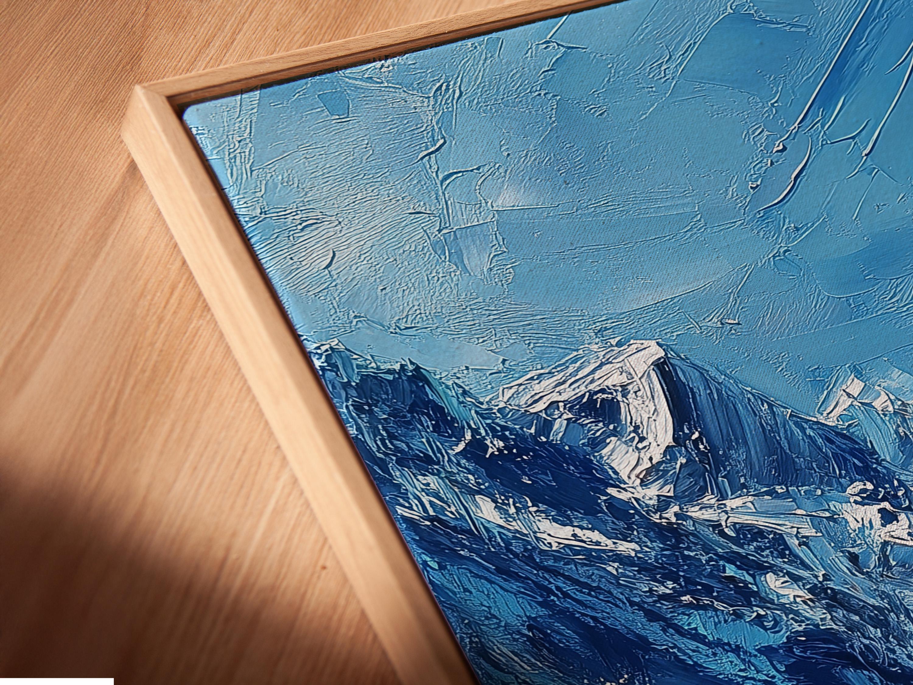 Textured blue winter mountain landscape painting with snowy peaks and valleys detail view