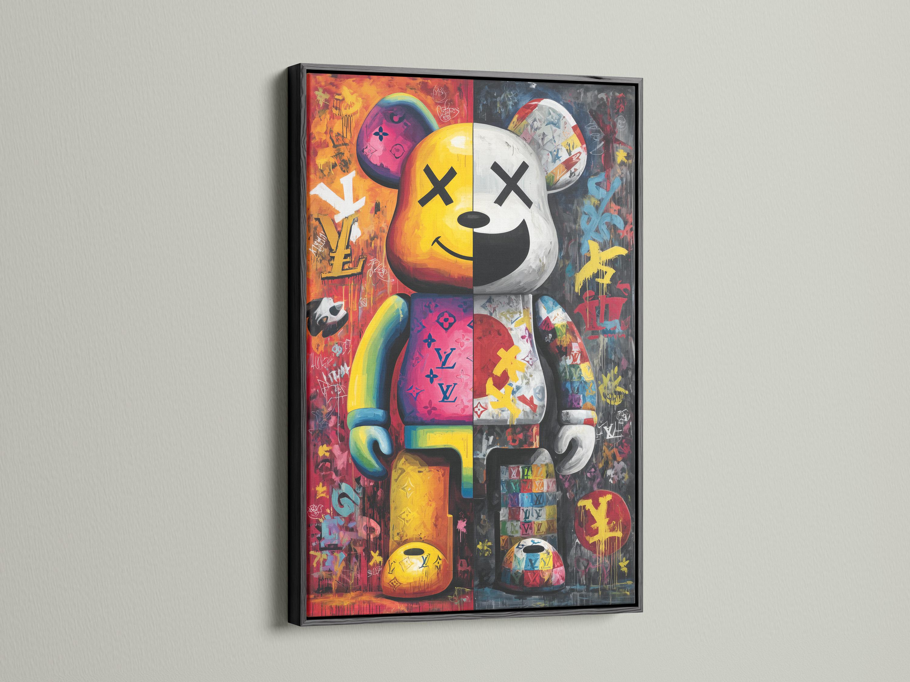 A bright pop-art style bear figure is shown amid graffiti-like colours and stickers, framed by bold black outlines and layered poster textures detail