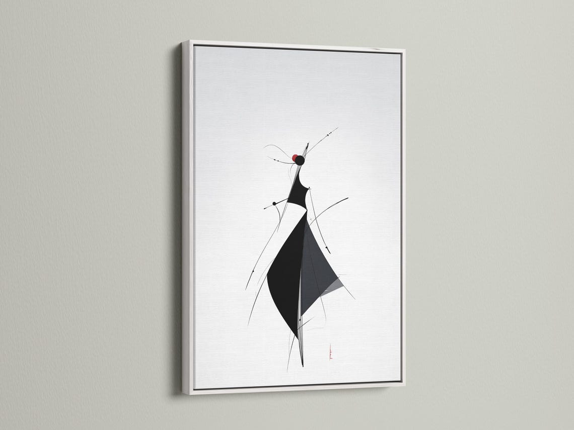 Minimalist line figure artwork with black shapes and deep red accents on a light background detail view