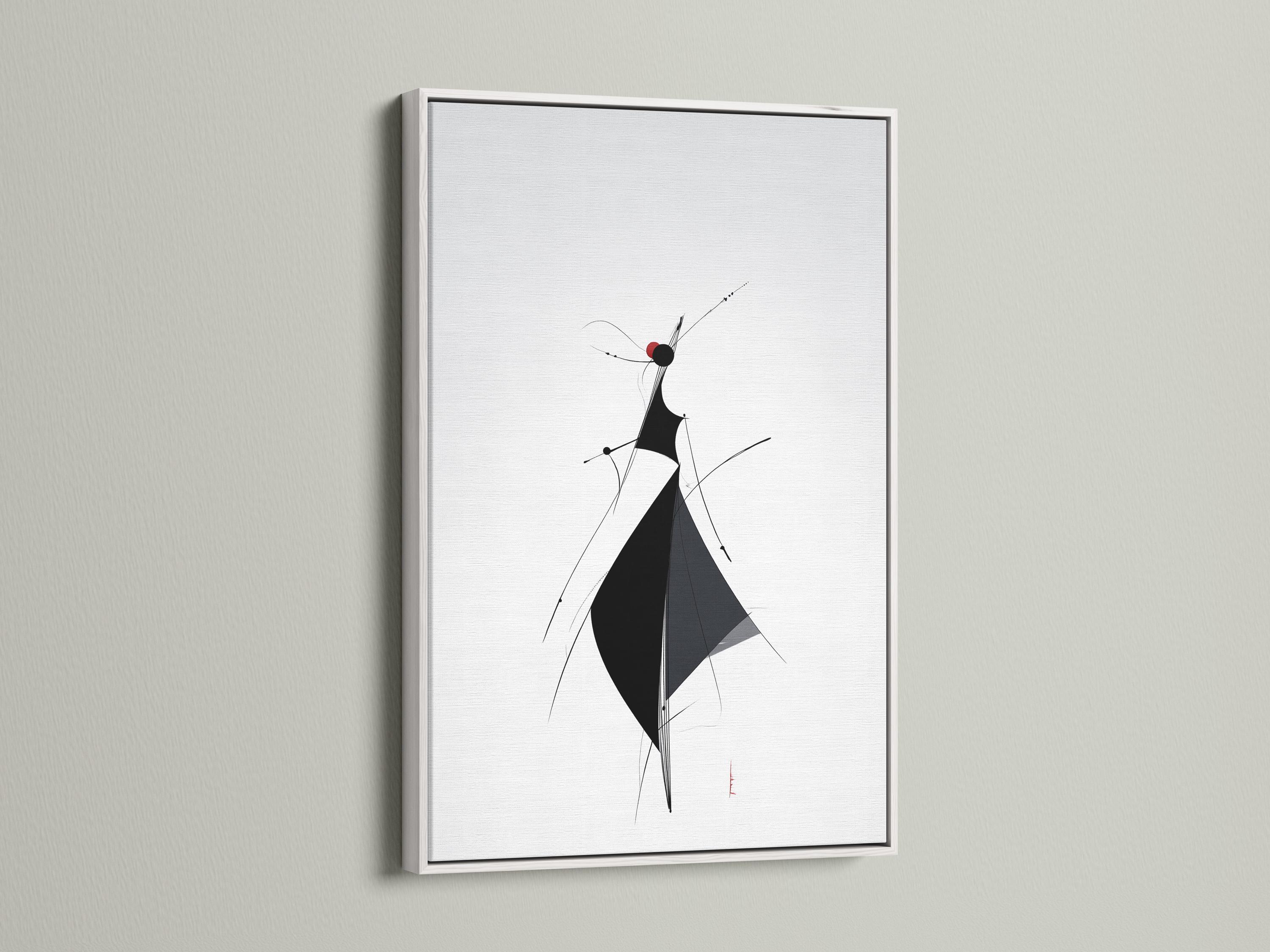 Minimalist line figure artwork with black shapes and deep red accents on a light background detail view