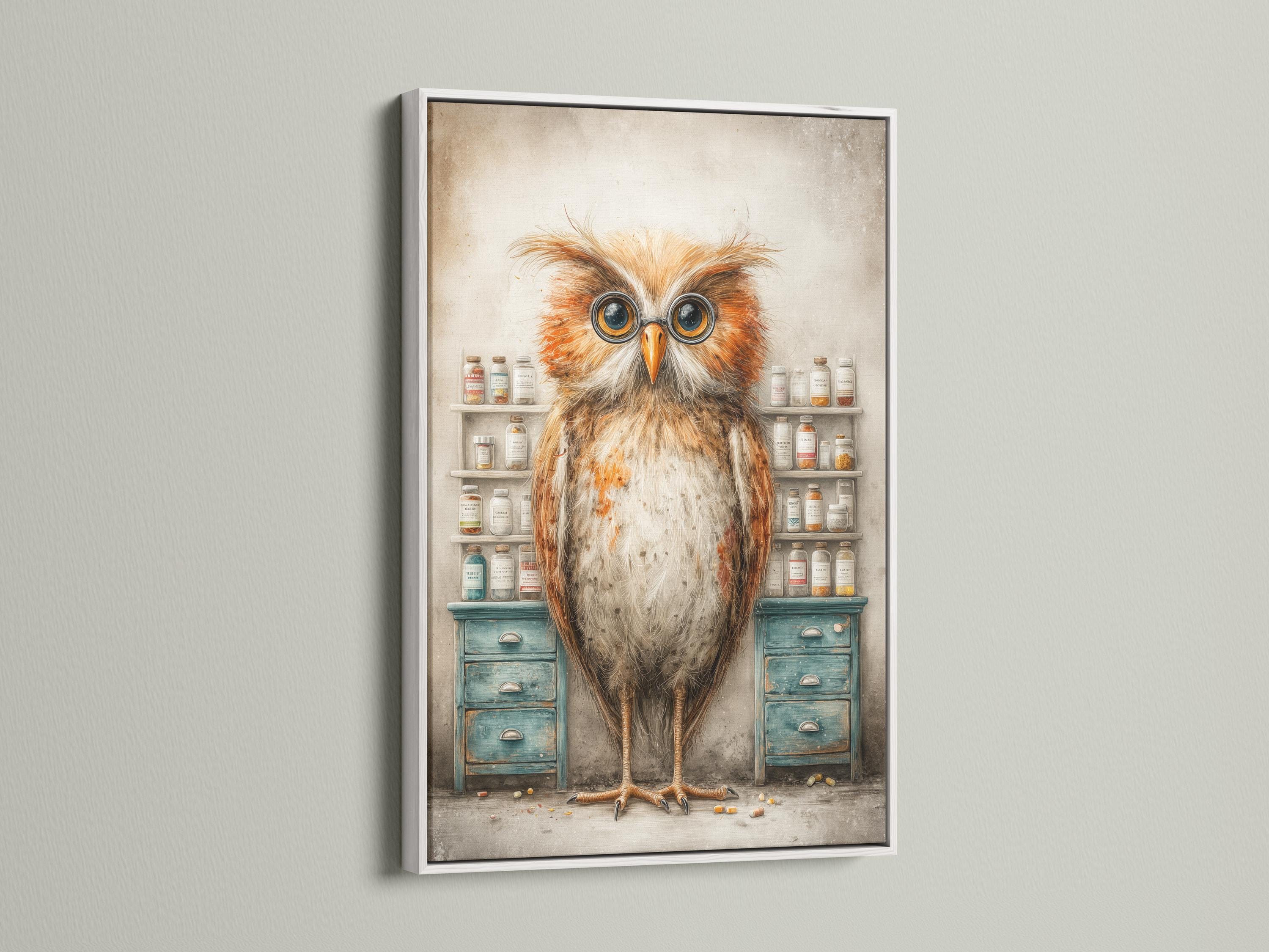 Bespectacled owl with round glasses in a vintage apothecary scene with shelves of jars and teal drawers detail view