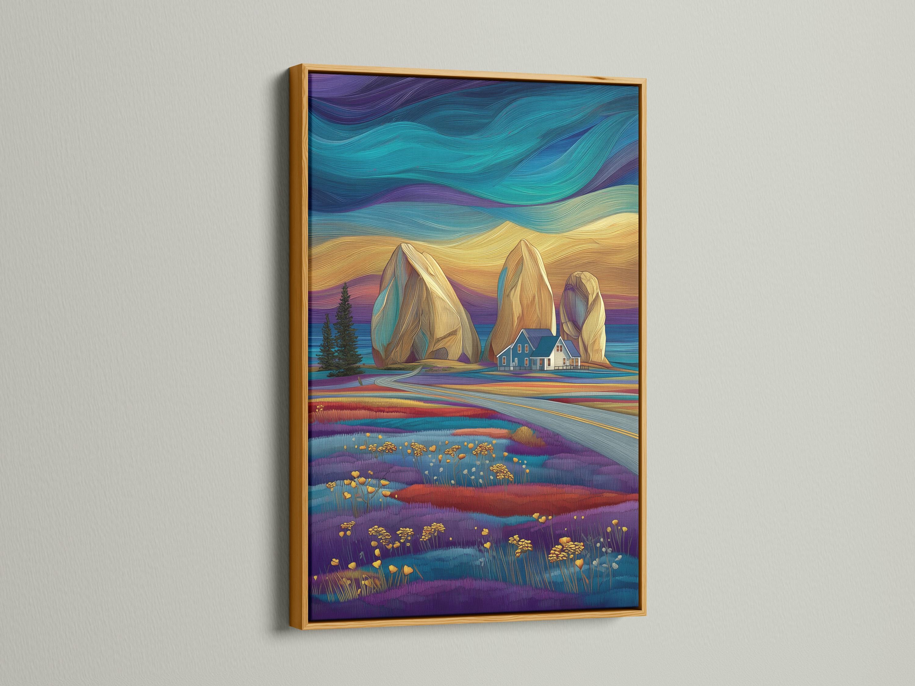 Teal and gold stylised mountain landscape with purple fields, a small house and scattered golden flower heads detail view