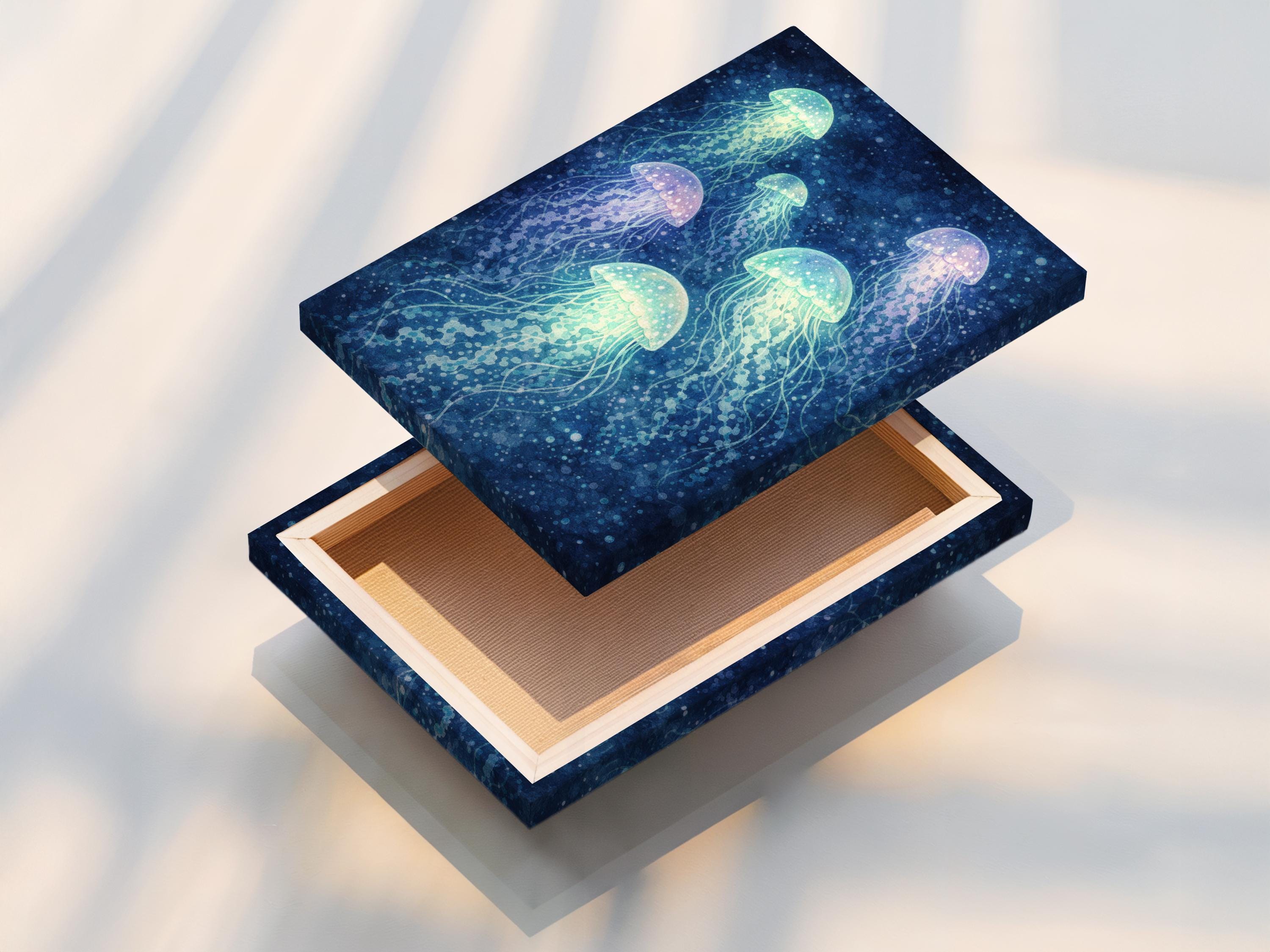 Glowing jellyfish in deep blue water with mint, aqua and lilac tones detail view