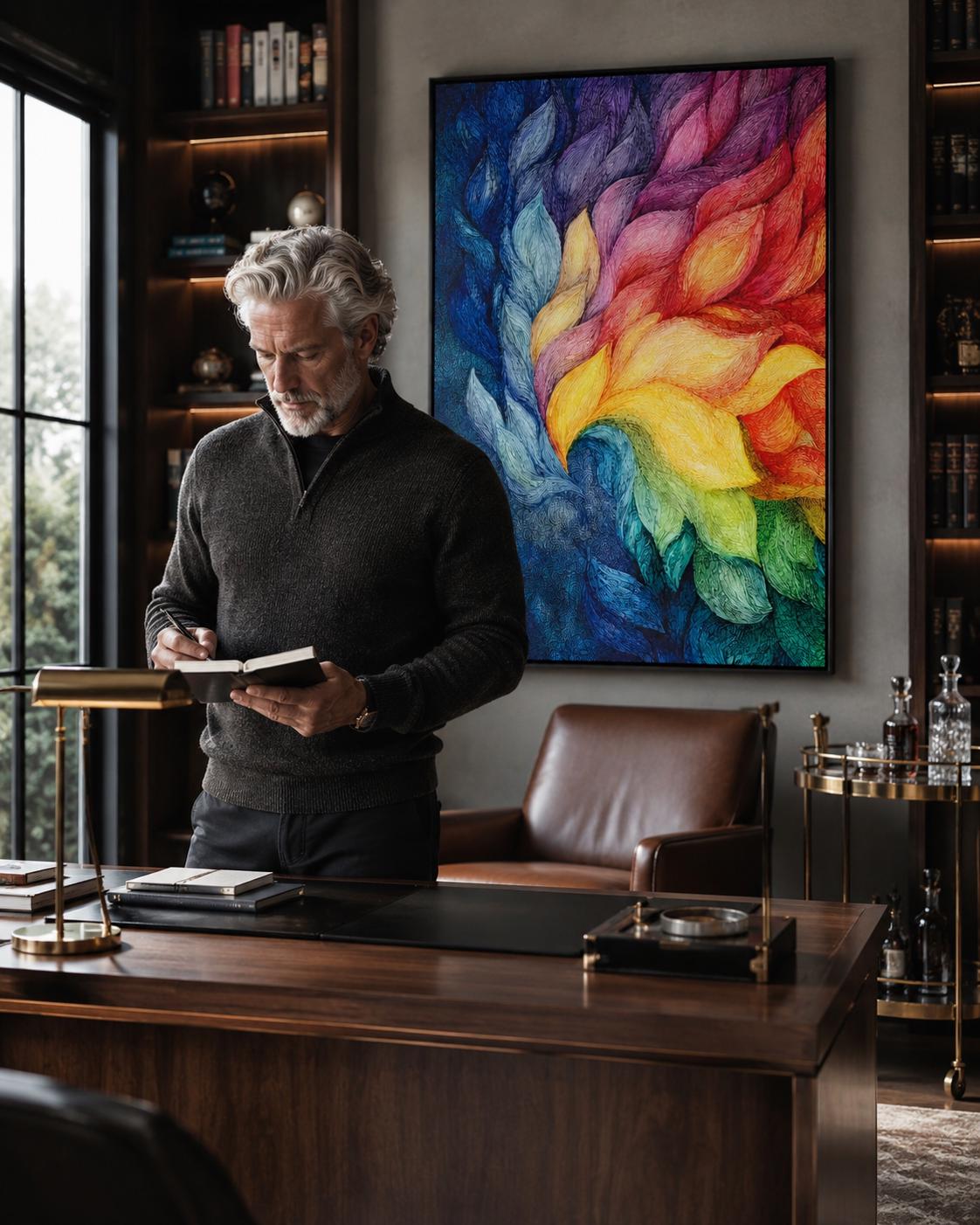 Person standing beside a framed rainbow abstract artwork in a bright room