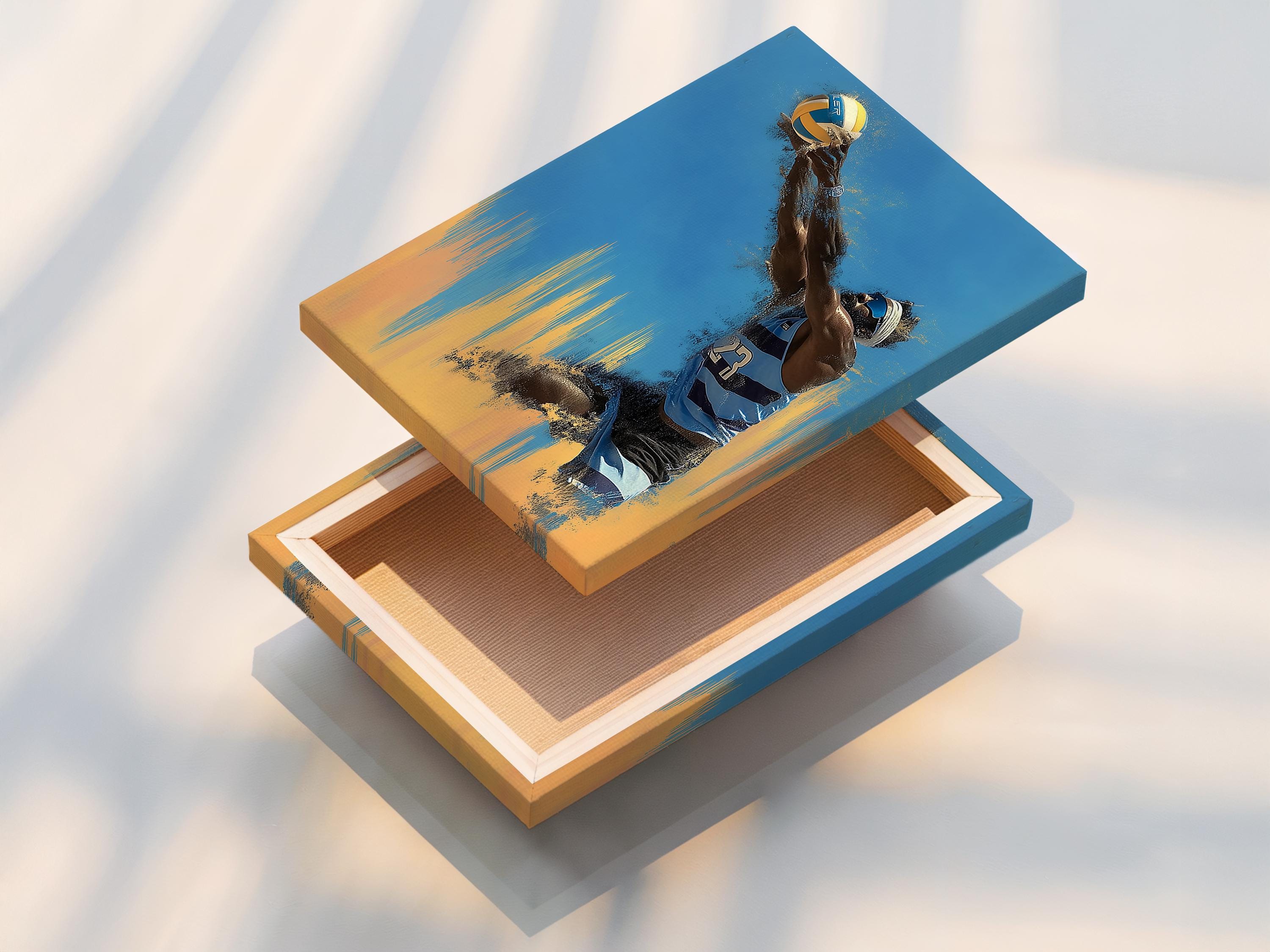 Volleyball player artwork in a dynamic pose with blue and sandy yellow paint splashes detail view