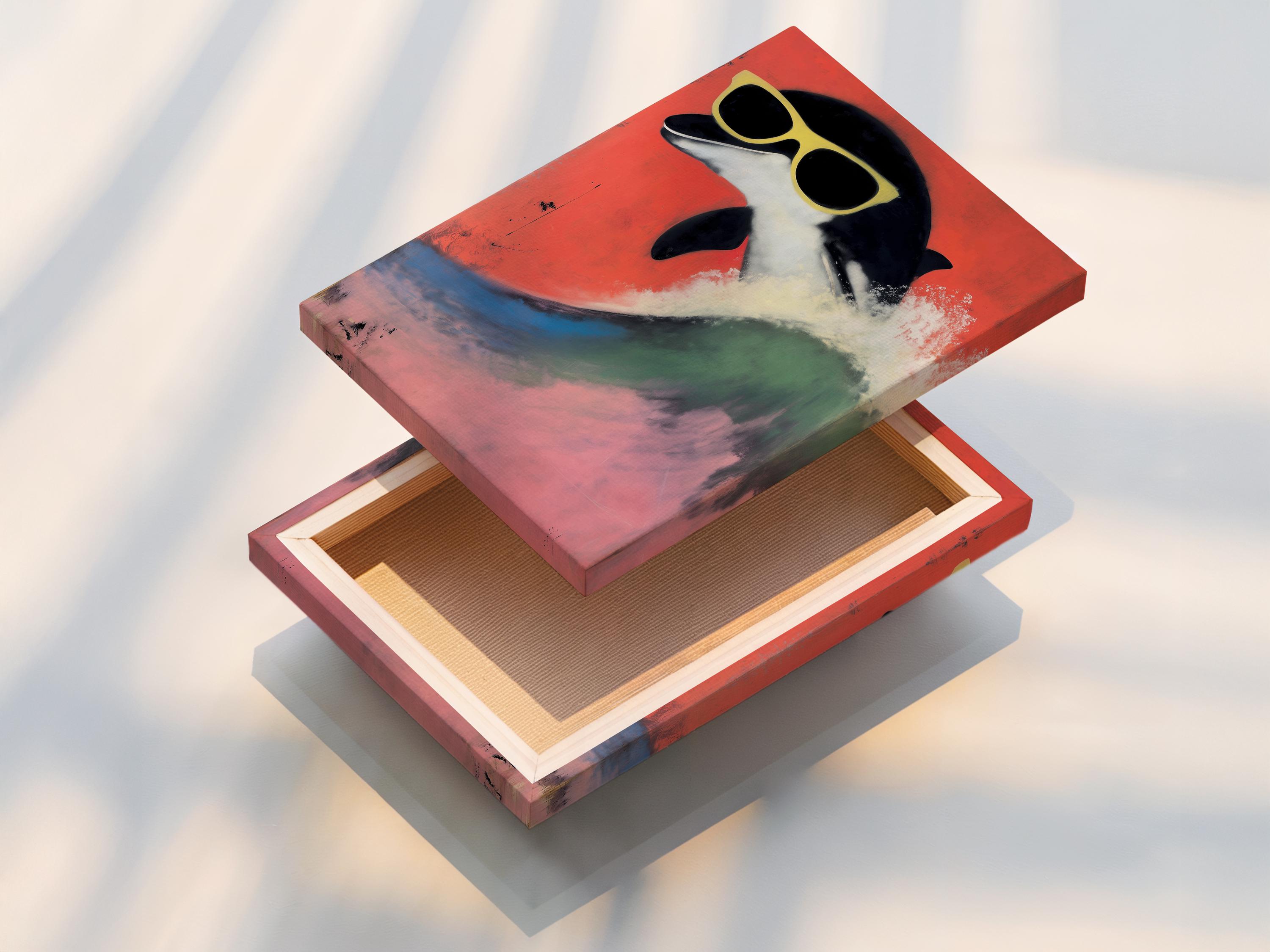 Stylised dolphin wearing oversized sunglasses against a coral red background with teal wave-like colours detail view