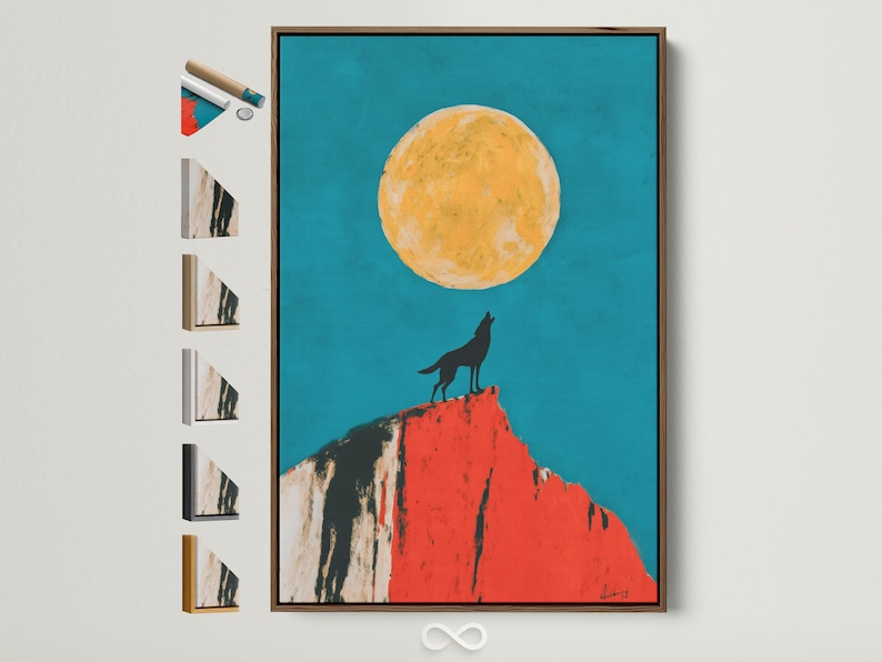 Wolf silhouette standing on a red cliff beneath a pale yellow moon on a teal background
