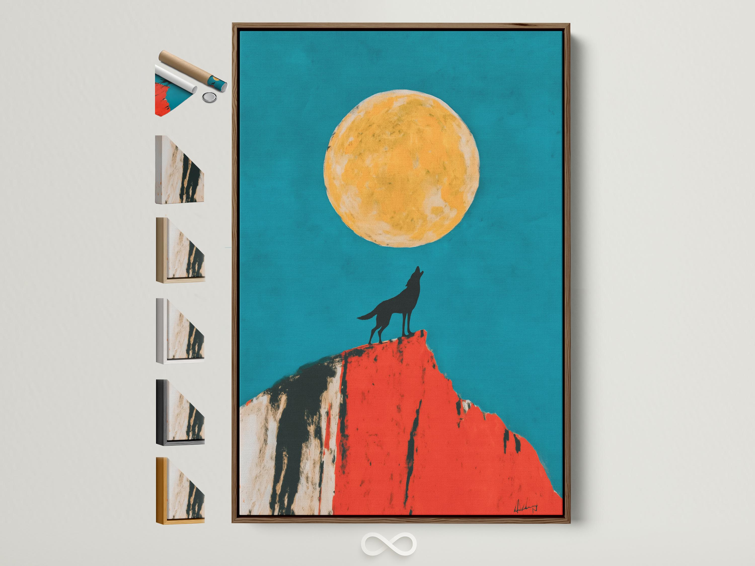 Wolf silhouette standing on a red cliff beneath a pale yellow moon on a teal background