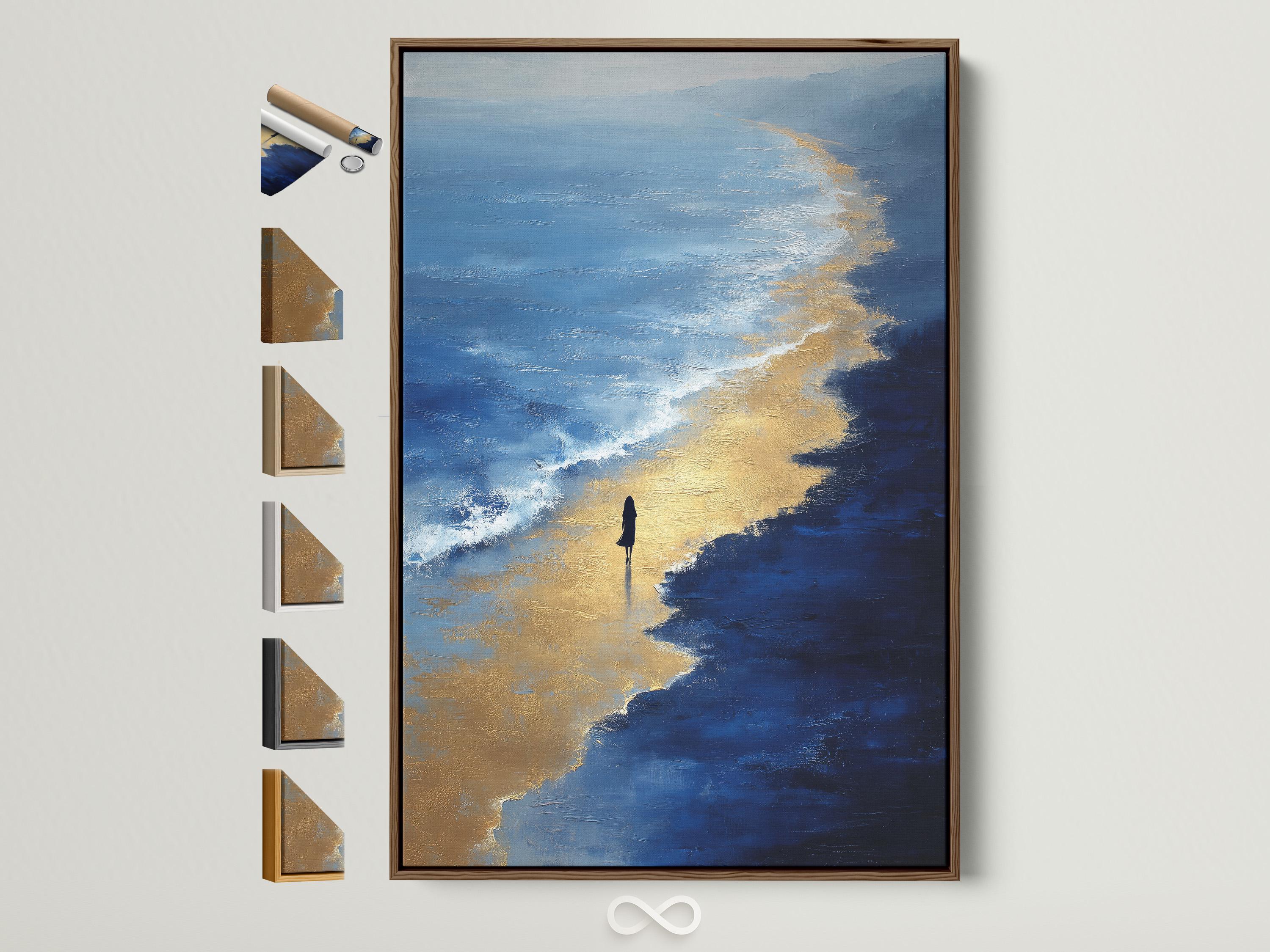 Painterly navy blue and gold seascape with ocean waves, beach light and a small silhouette