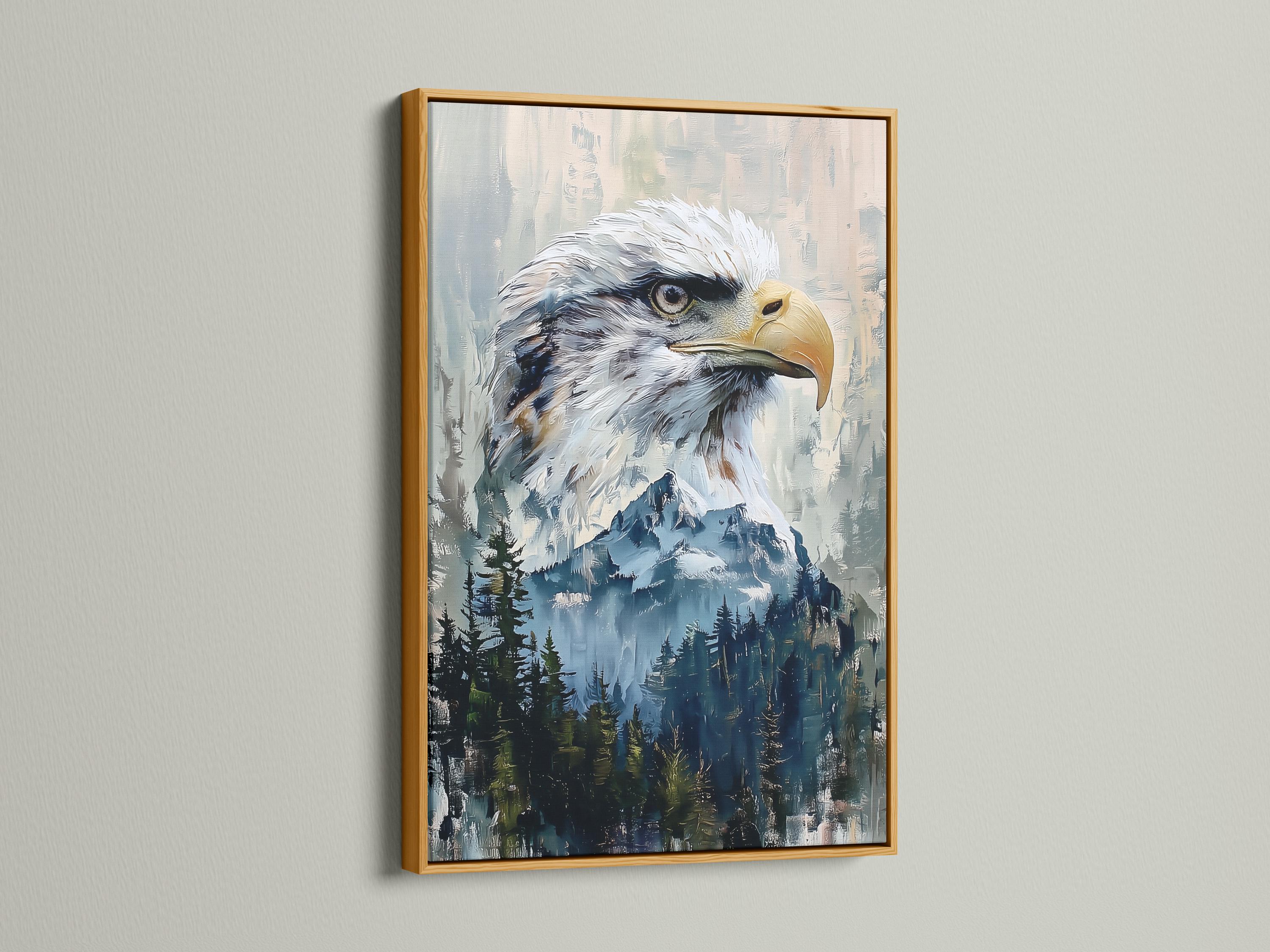 A framed eagle artwork on a wall with several framed mockups beside it