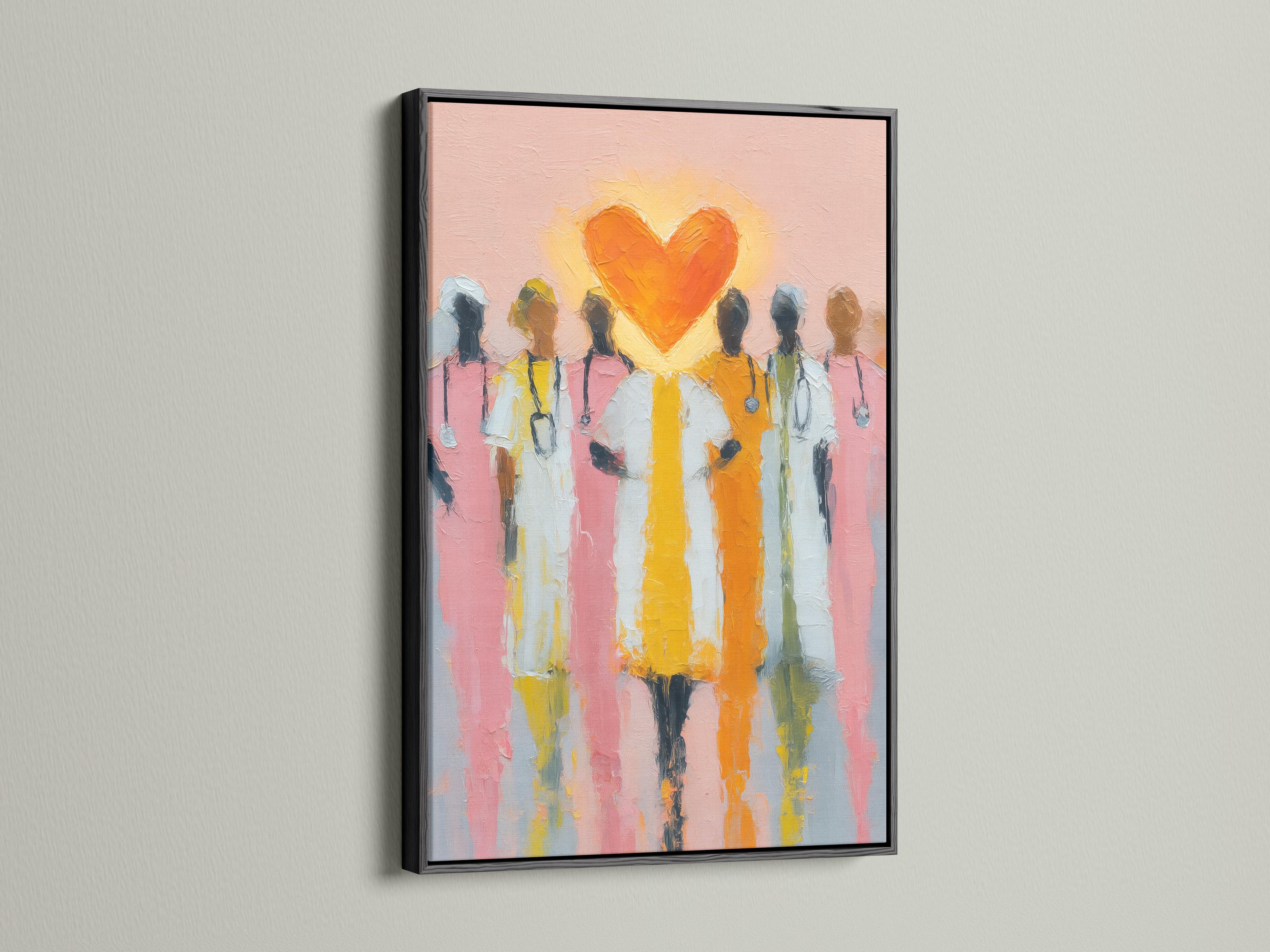 Orange heart above stylised healthcare worker figures on a pink painterly background detail view