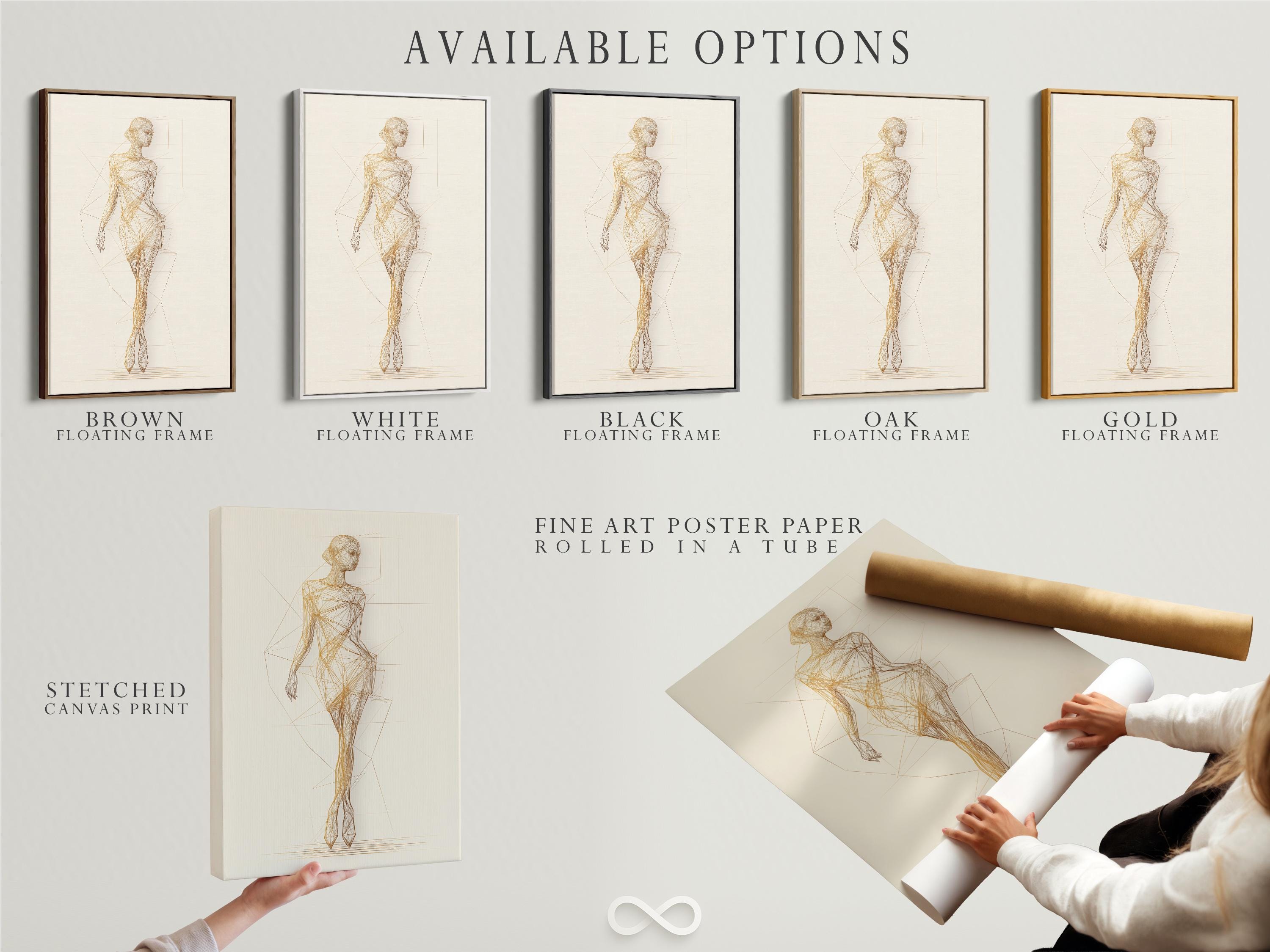 Minimalist gold line drawing of a standing woman with faint geometric grid lines detail view