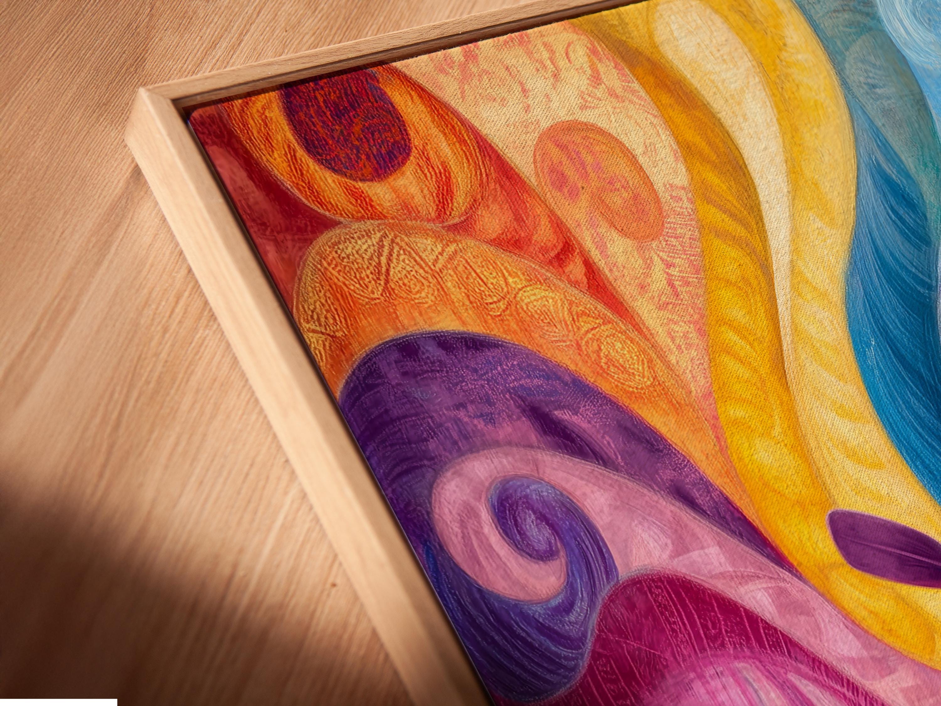 Room mockup showing a framed kayaker river artwork with swirling blue and yellow waves